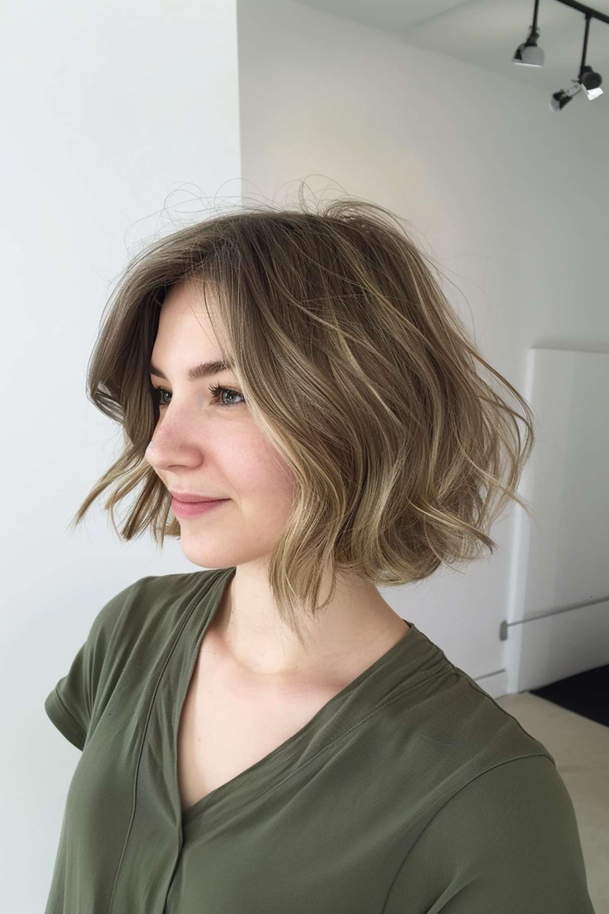 A woman styled her thin hair in a layered, inverted teacup bob with soft waves.