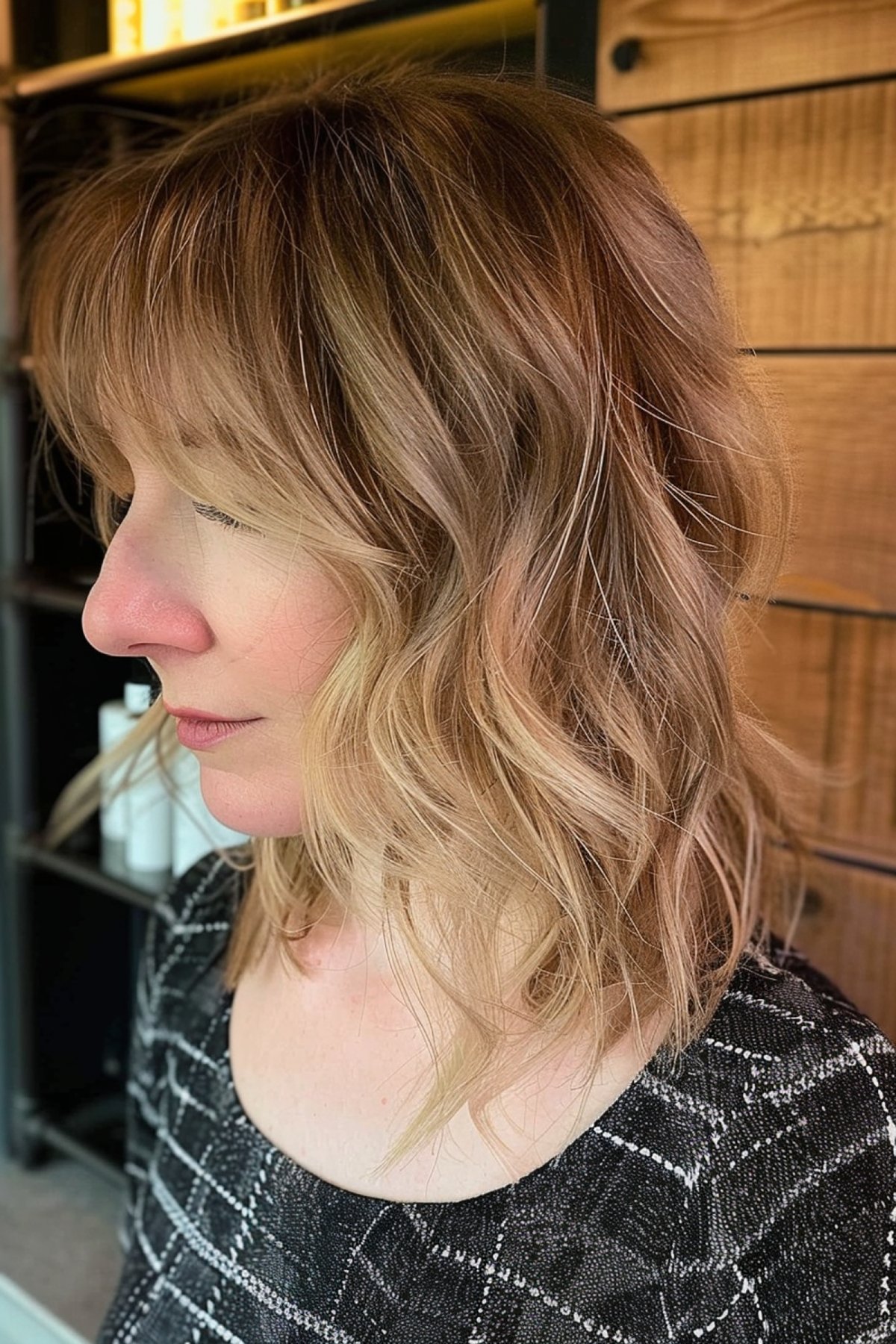 Layered Lob Haircut with Blonde Highlights and Natural Wave
