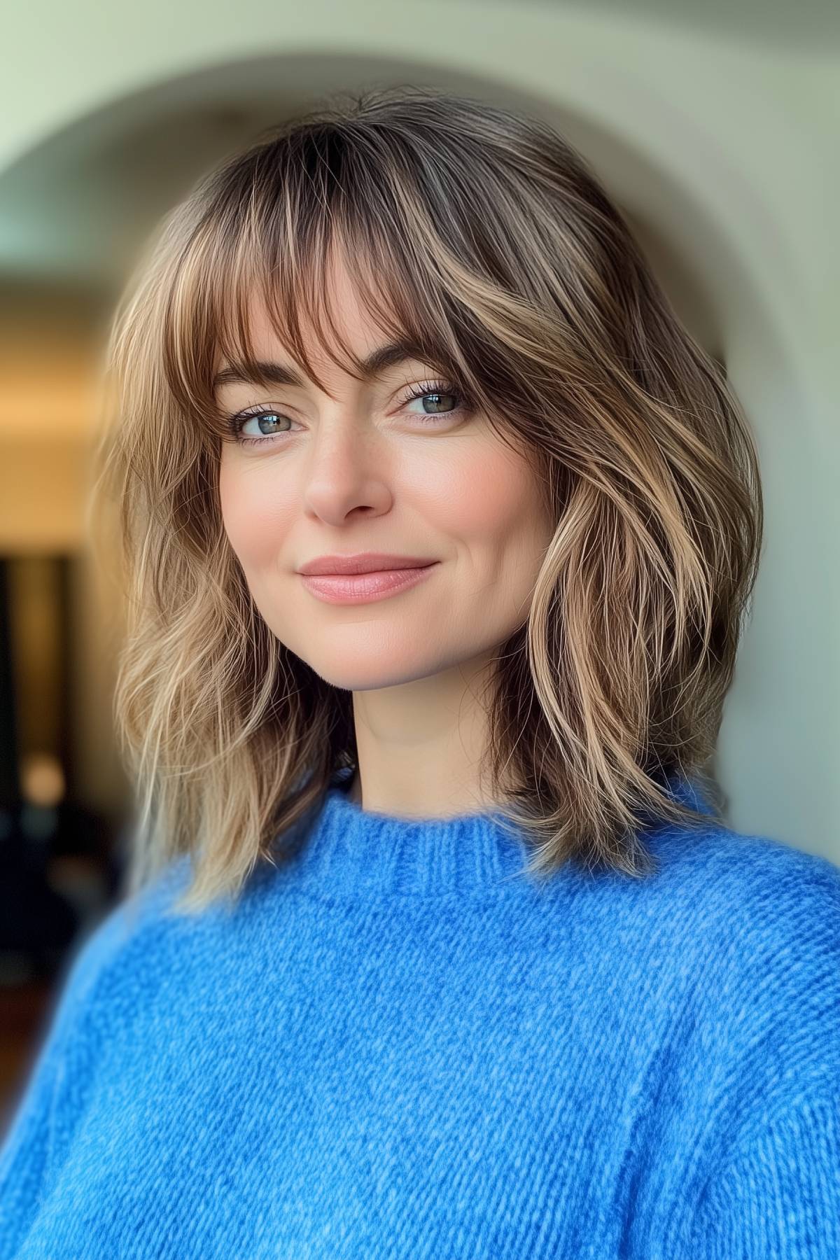 Woman with a layered lob and wispy bangs for fine to medium hair