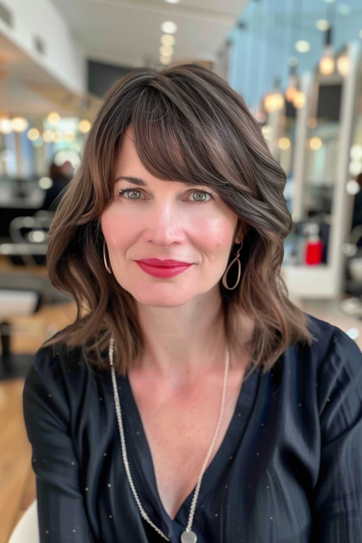 This chic layered lob with side bangs is perfect for medium to thick hair types. The side bangs add a playful touch, softening the face while the layers add movement and volume. Ideal for those with oval or round face shapes, this cut is versatile and stylish, offering easy maintenance with a polished finish.