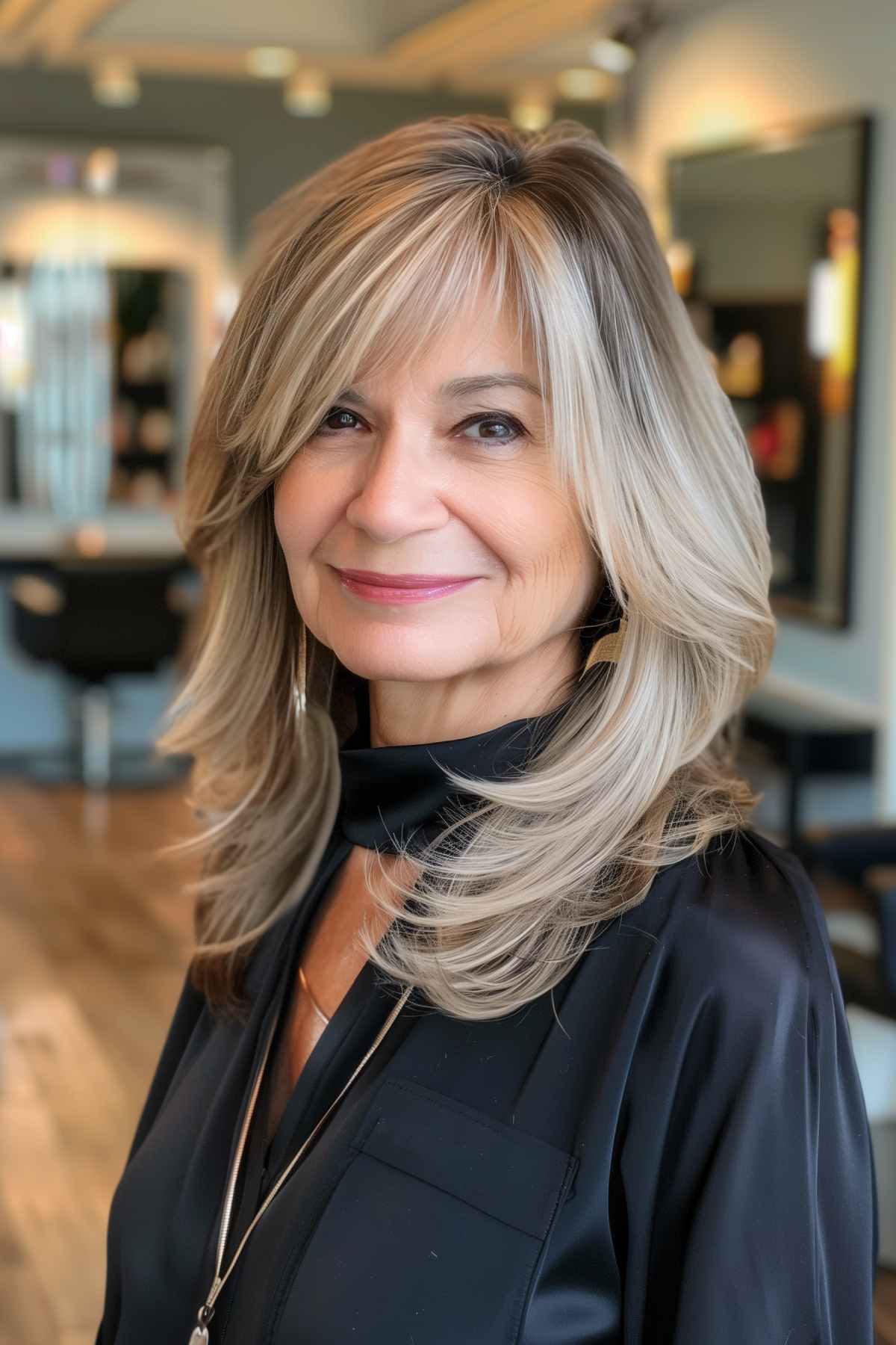 Woman with a layered lob and side fringe, featuring highlights for added dimension