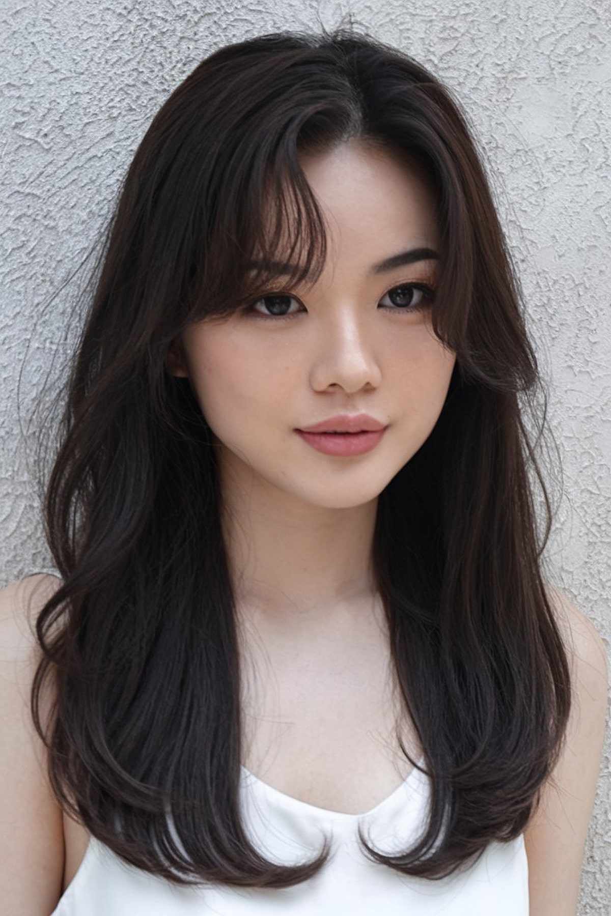 Long layered hair paired with soft curtain bangs for asian women