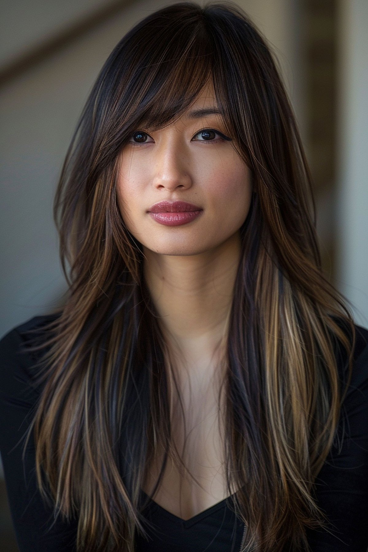 Layered long hair with wispy side bangs for Asian woman
