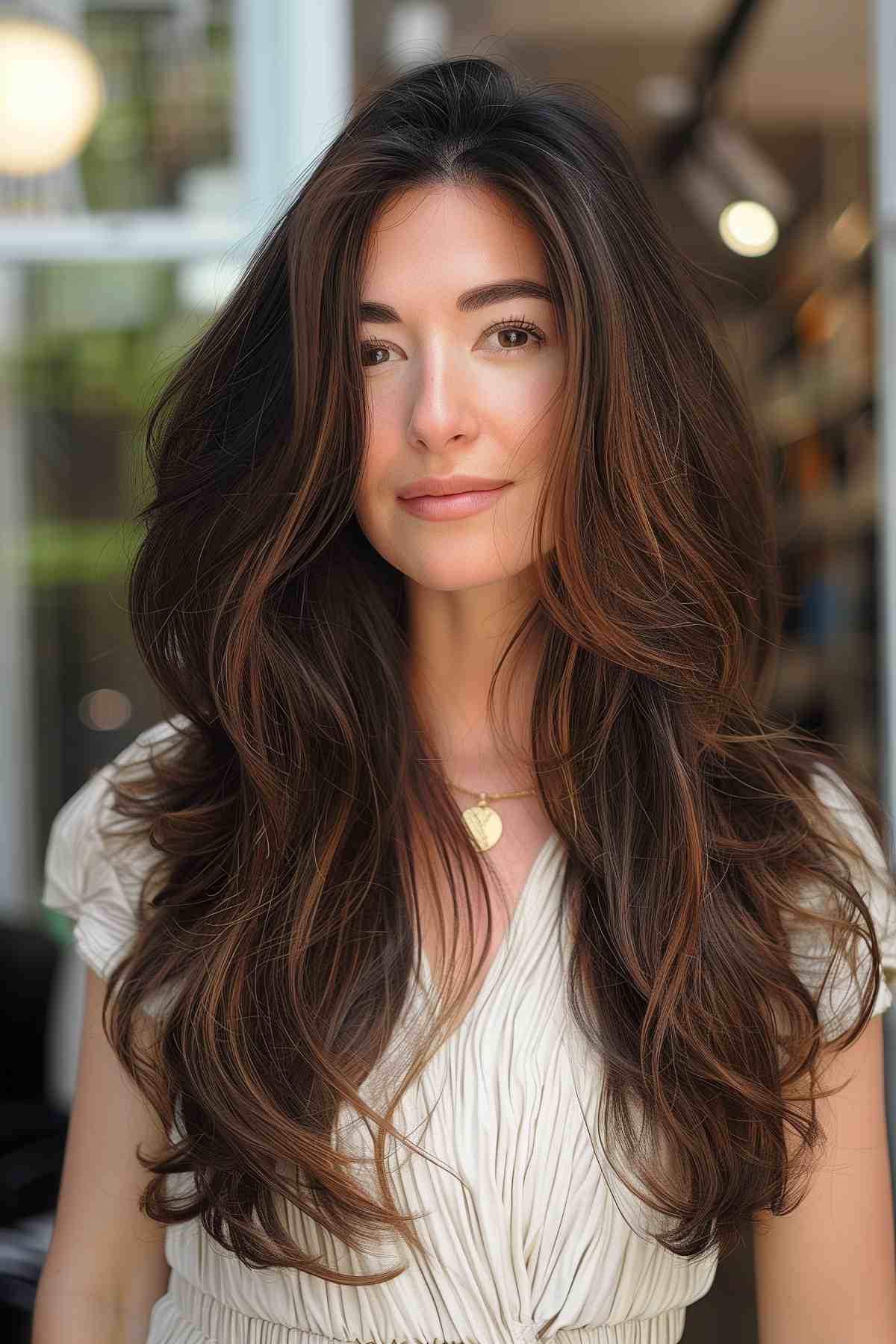 Woman with layered long hair featuring volume and soft waves