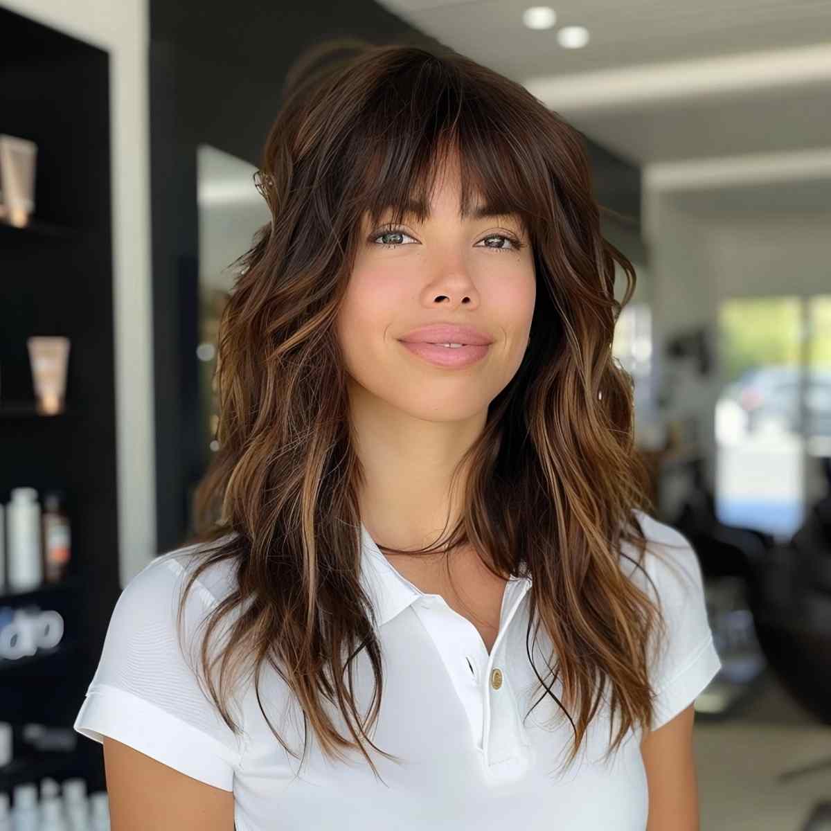 Layered long hairstyle with full fringe