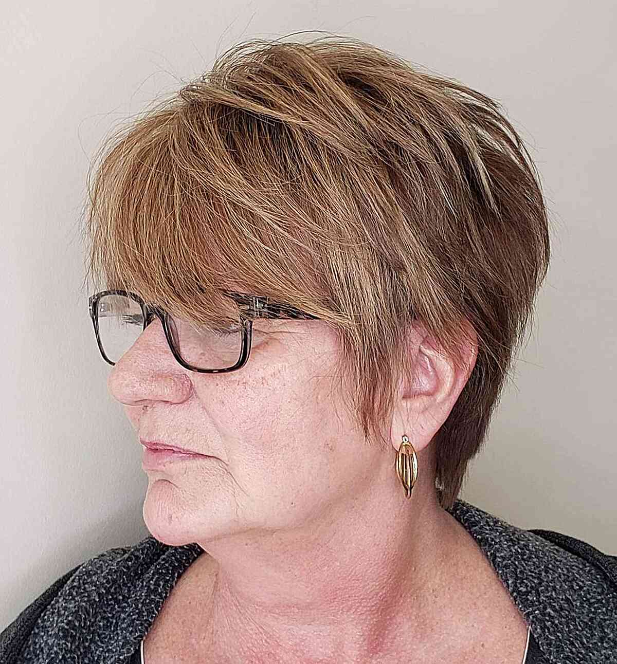 Layered Long Pixie and Bangs on women over 60 with eyeglass frames