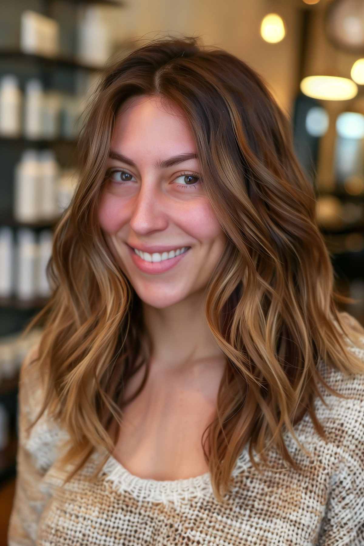 Medium-length layered choppy shag hairstyle with natural waves and soft brown balayage highlights