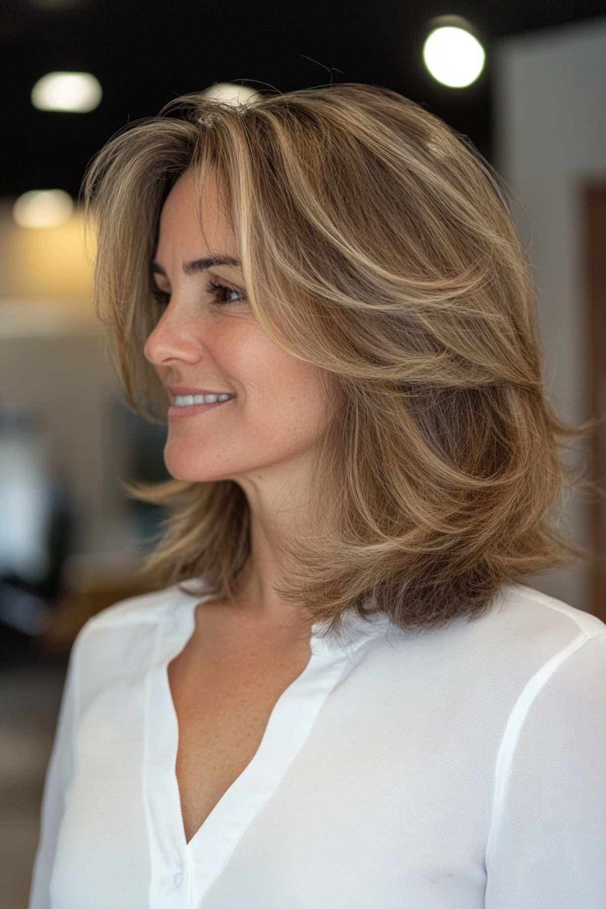 Layered medium-length cut with blonde highlights and face-framing layers