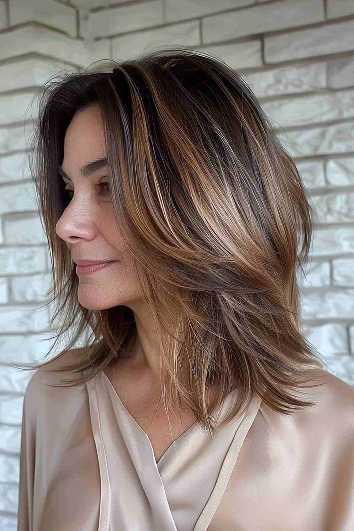 Layered Medium-Length Cut with Caramel and Blonde Balayage for Women Over 40