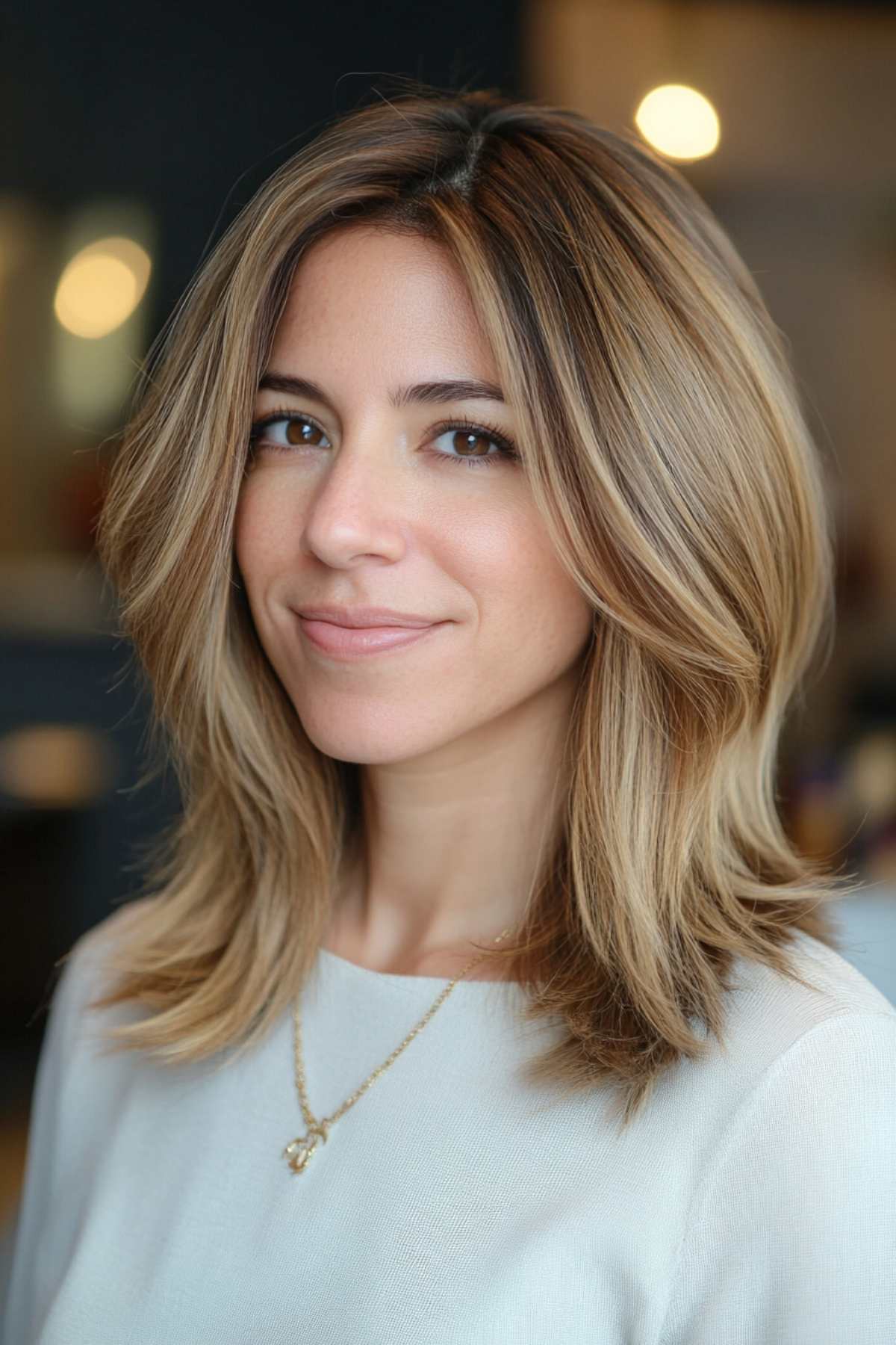 Layered mid-length haircut with subtle highlights and feathered ends