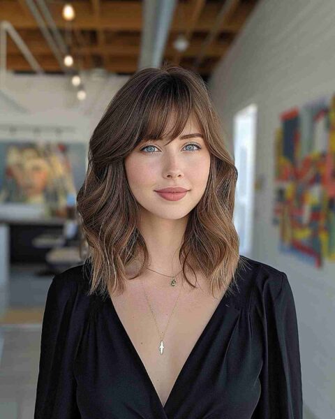 25 Cutest Hairstyle Ideas For Valentines Day 2024   Layered Mid Length With Side Swept Bangs For Date Nights 480x600 