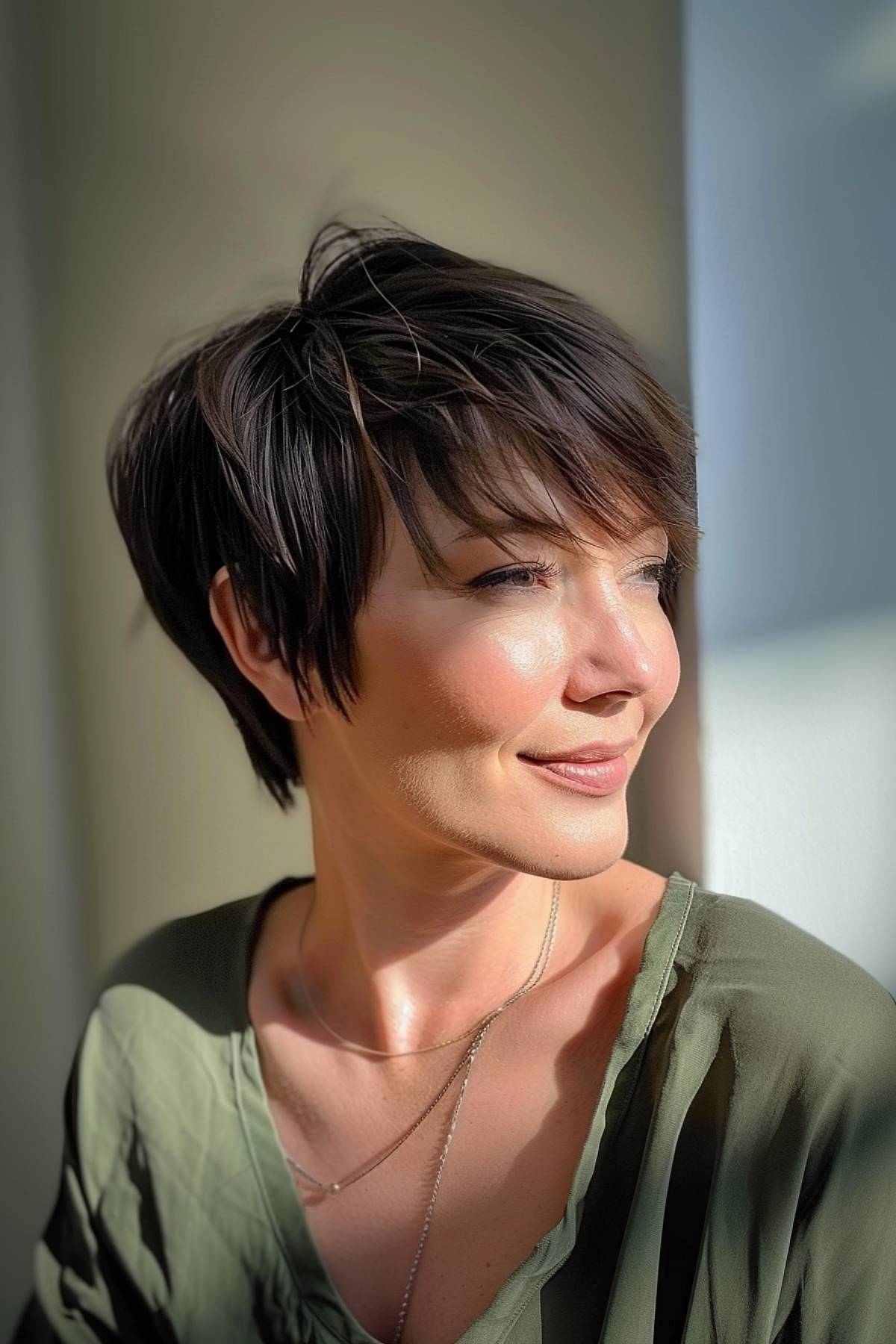 Woman with a layered pixie bob and fringe bangs lit by sunlight.