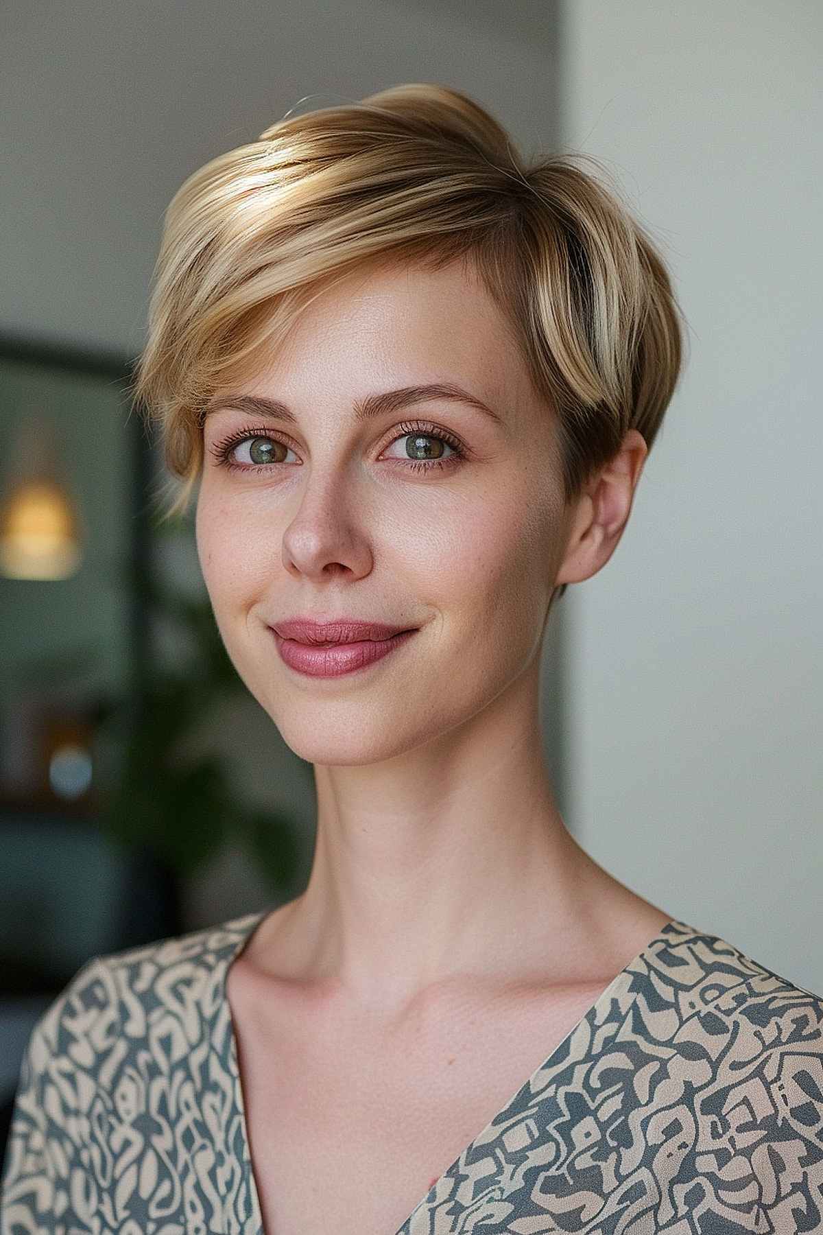 Layered pixie cut with side-swept fringe for oval face