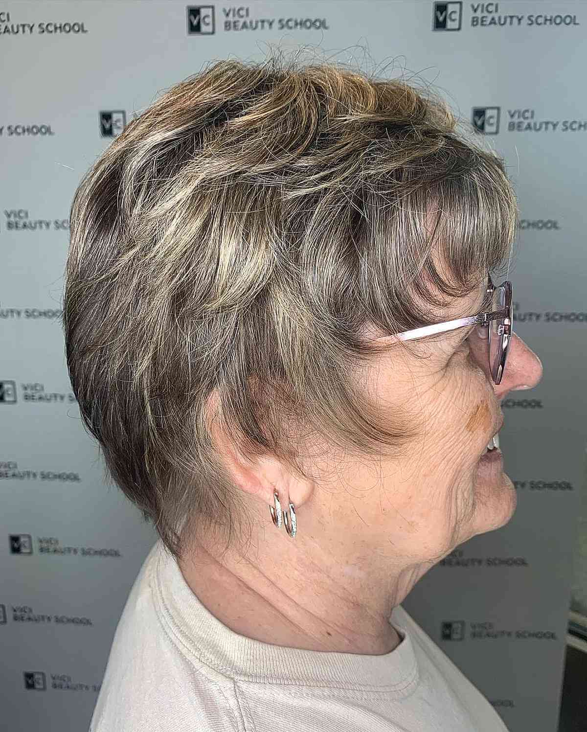 Layered Pixie for Older Women Over Seventy with Glasses
