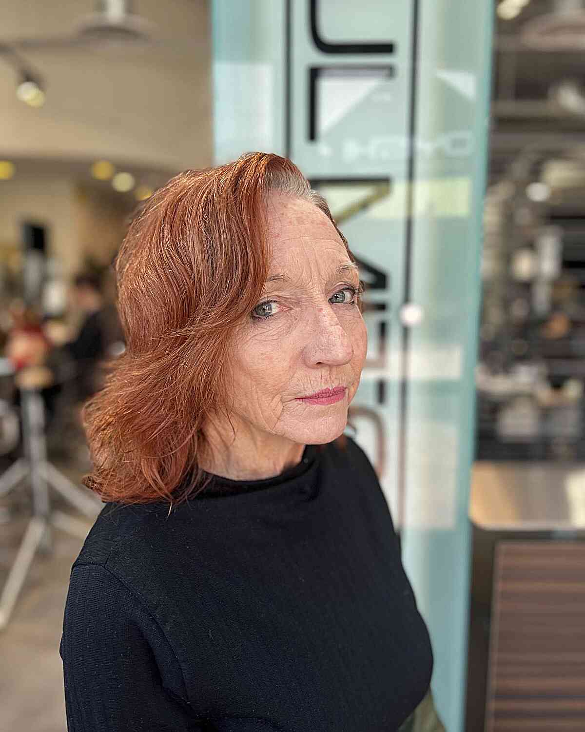 Layered Razor Cut Copper Hair with a Deep Side Part for Ladies Over 70