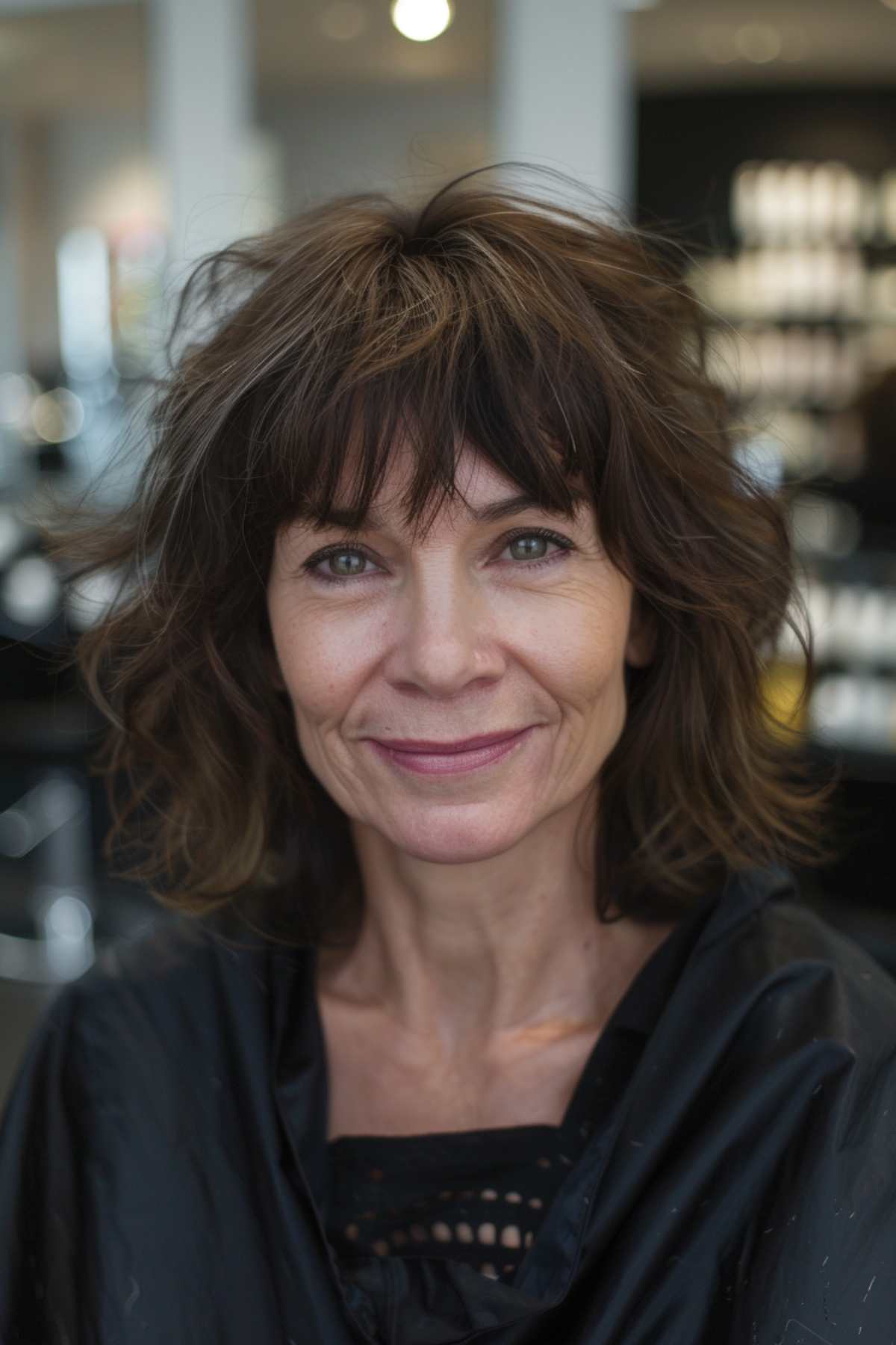 Woman with a layered shag and textured bangs, featuring natural highlights for added dimension