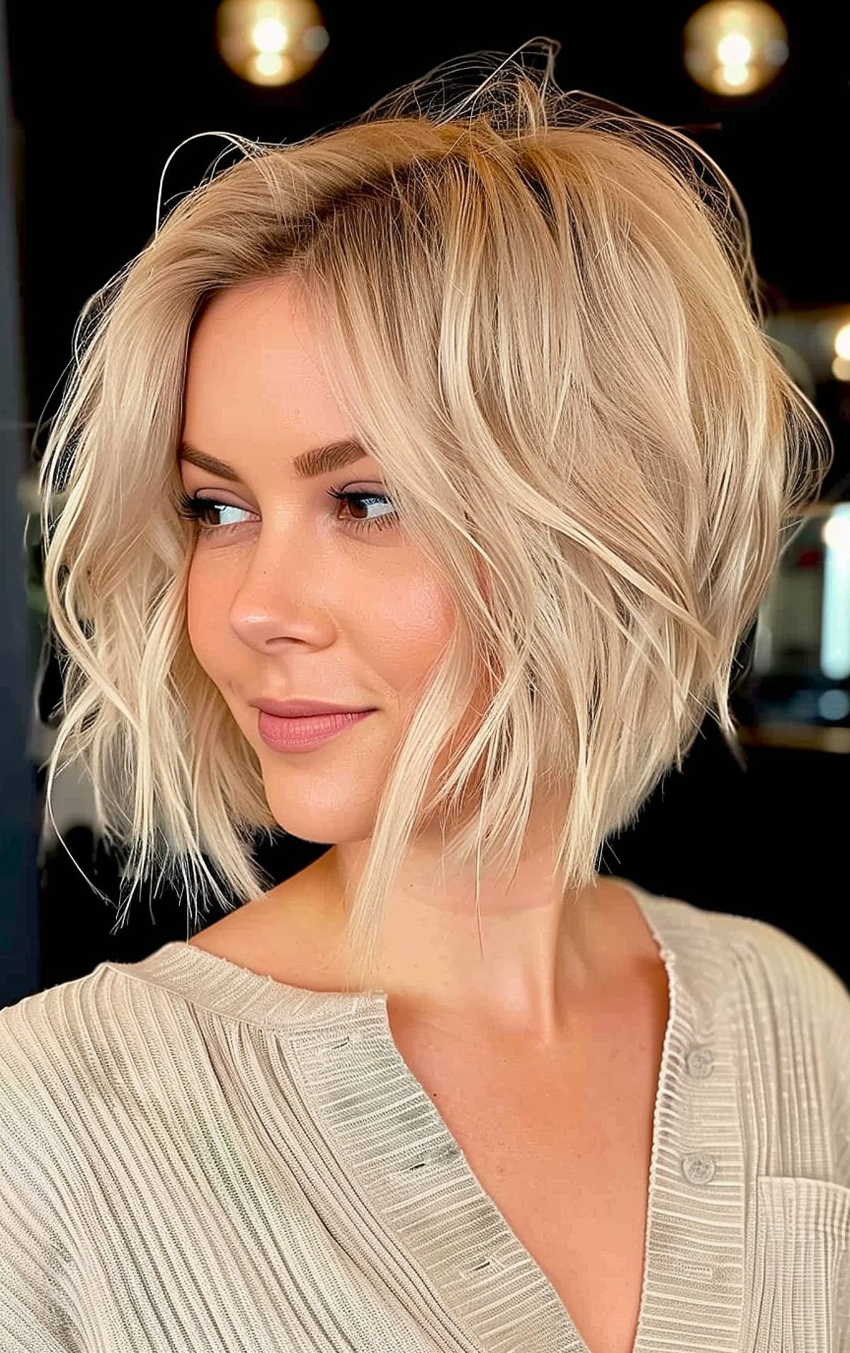 Layered shaggy blonde bob with face-framing choppy layers