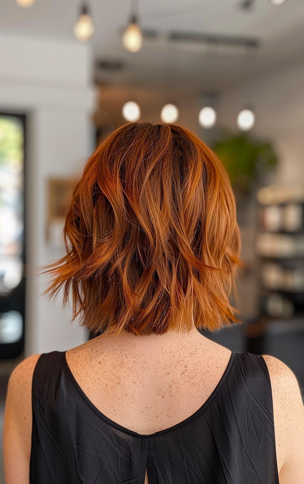 Layered shaggy bob back view with choppy layers and copper color