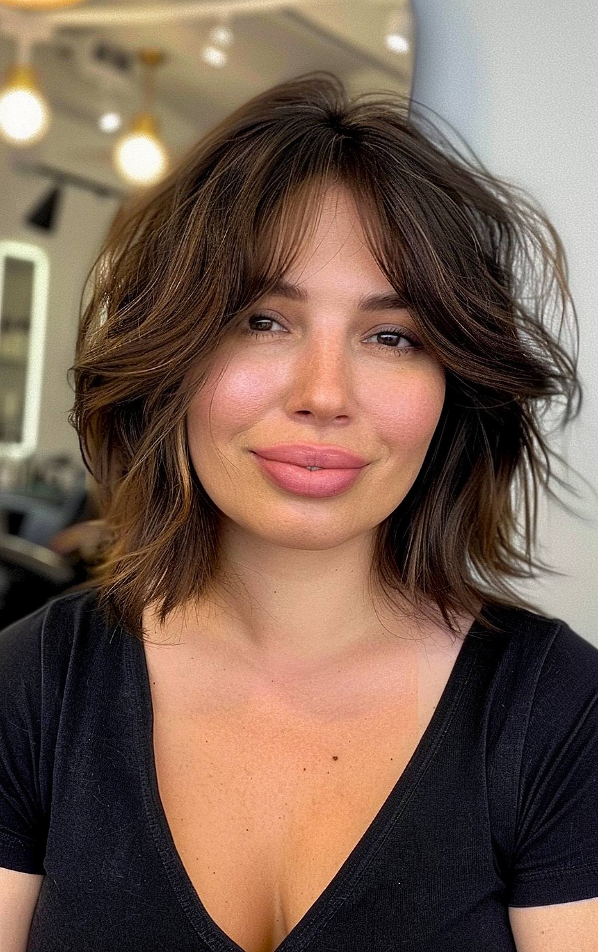 Layered shaggy bob with face-framing layers for round face