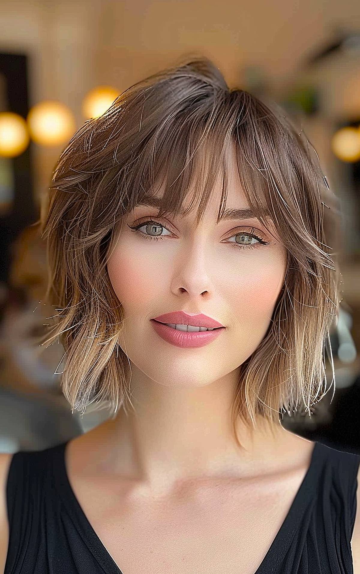 Layered shaggy bob for straight hair with wispy bangs and choppy layers