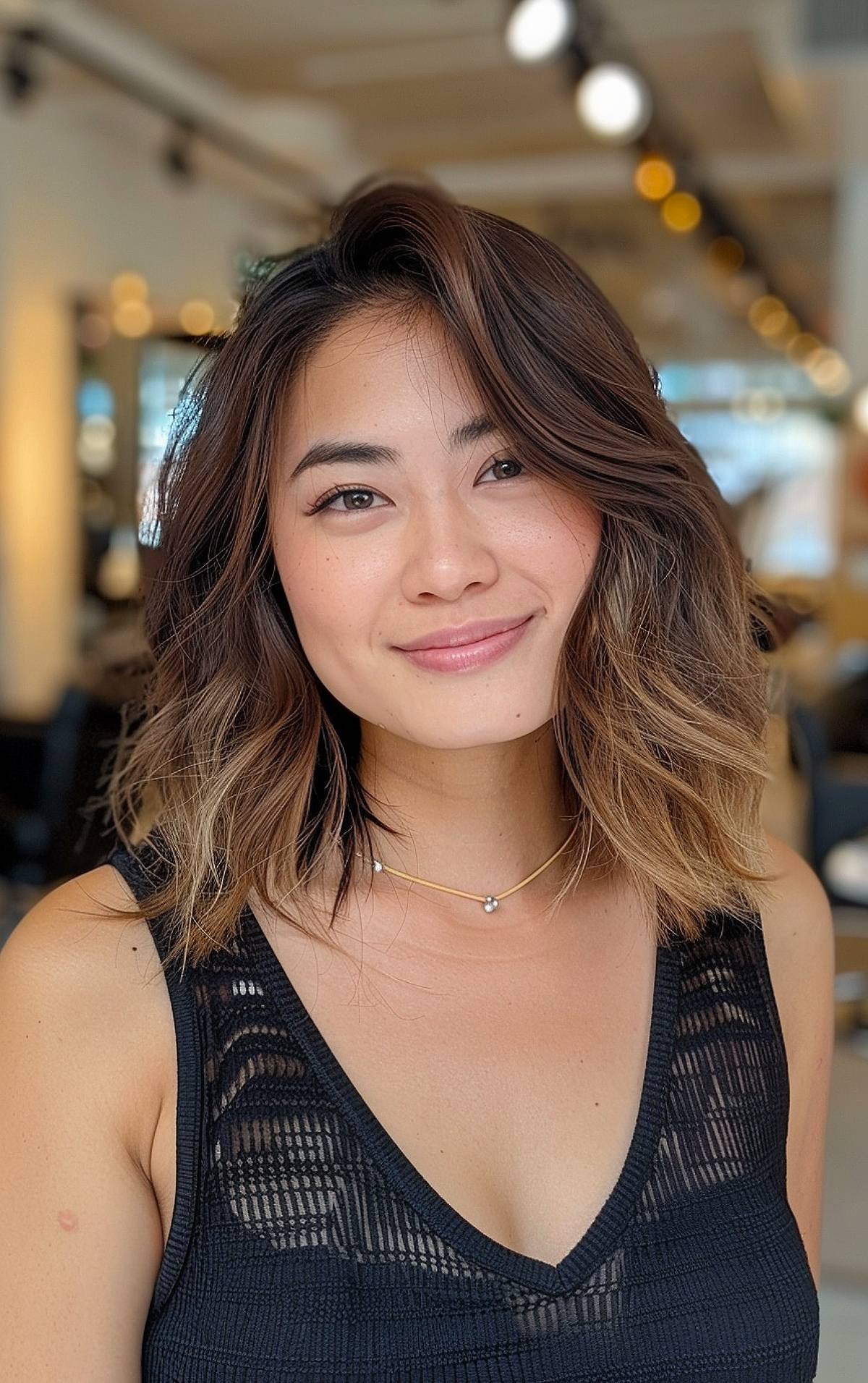 Layered shaggy bob medium length haircut with balayage highlights