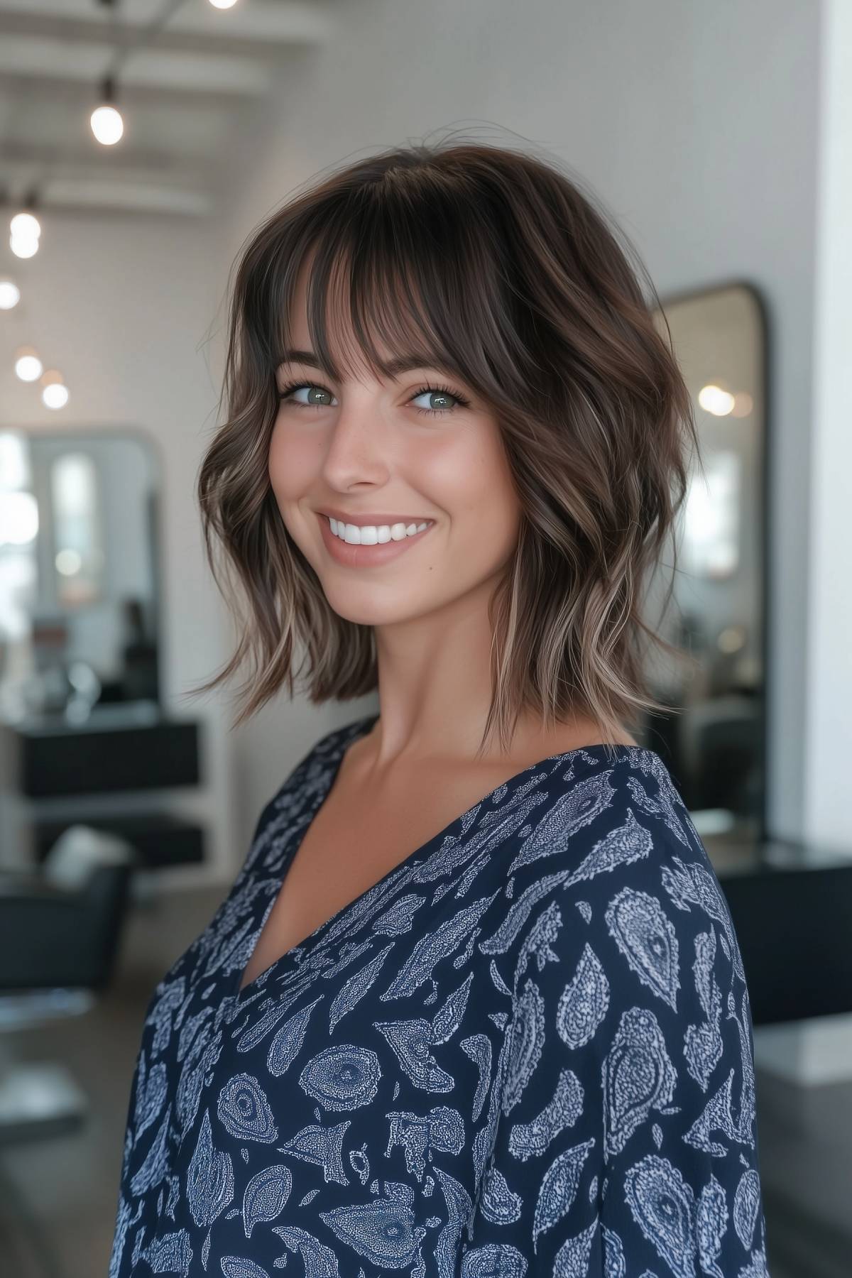 Woman with a layered shaggy lob and wispy bangs for fine to medium hair