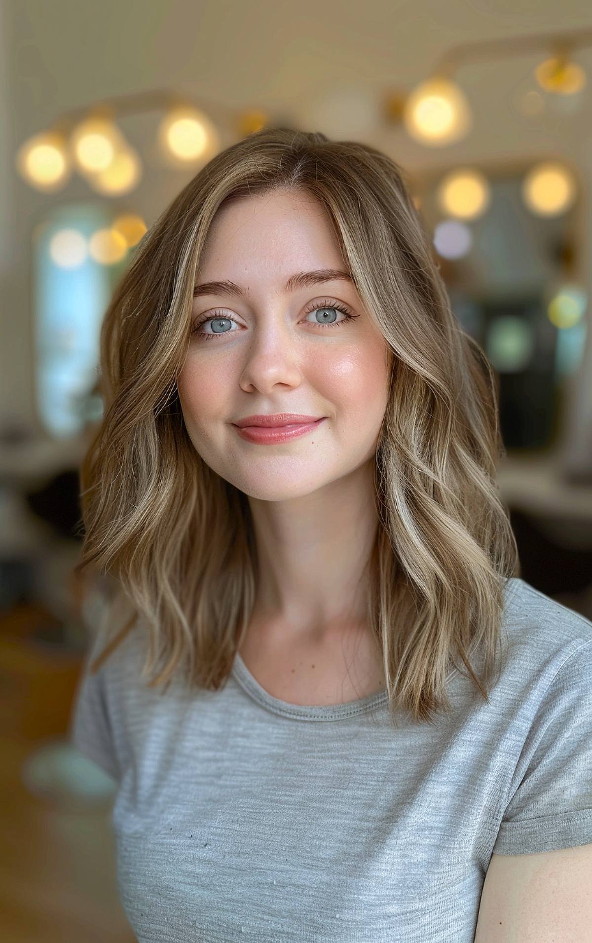 Layered shoulder length haircut with loose waves for fine hair