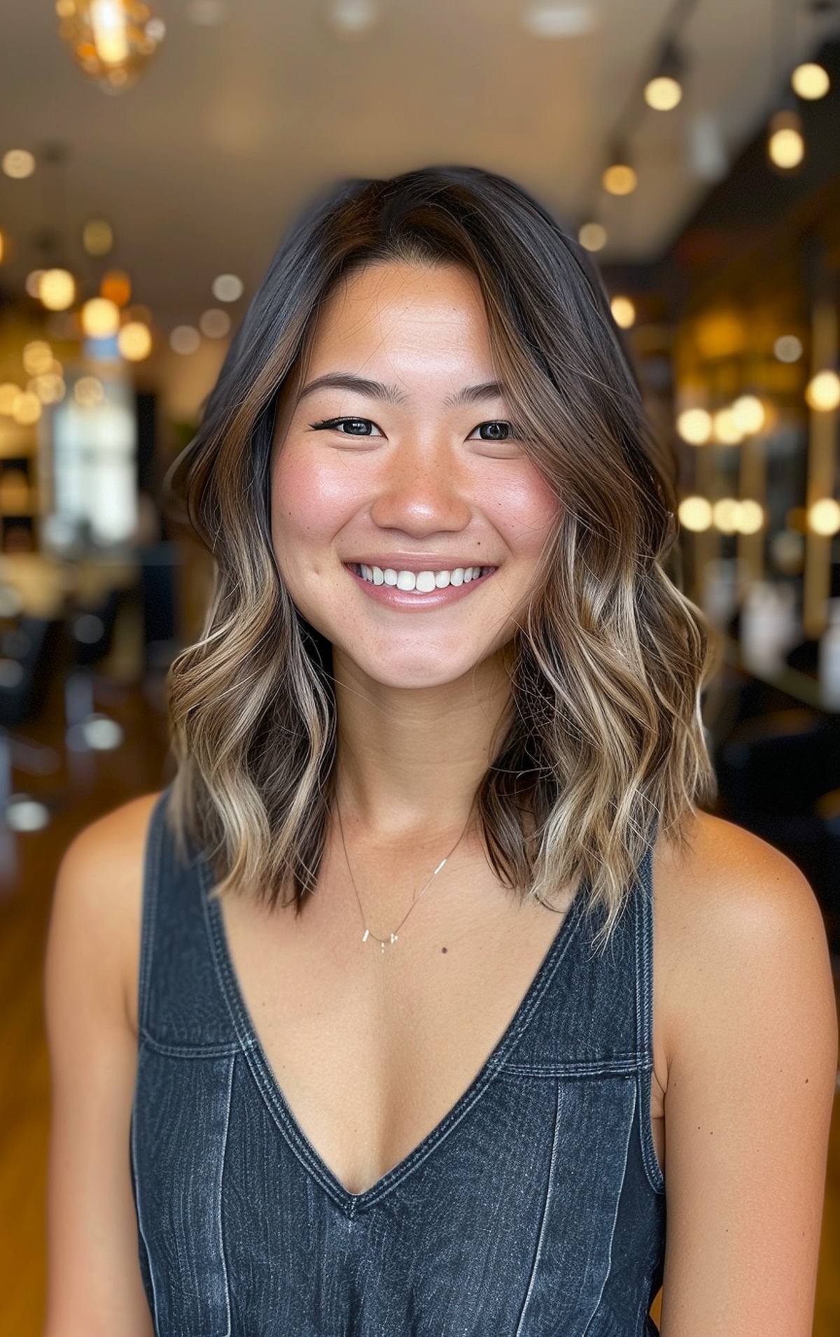 Layered shoulder-length hair with soft waves for a fresh look