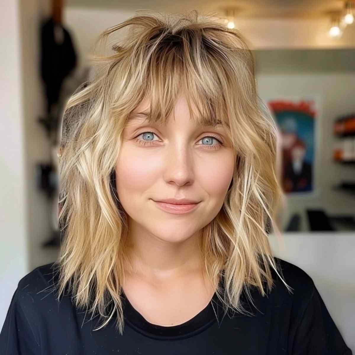 Layered Shoulder-Length Shag with Bangs for Oval Faces