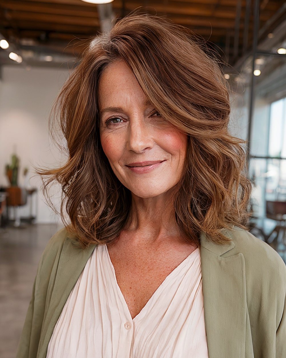 Layered medium haircut with side part and voluminous waves for women over 60