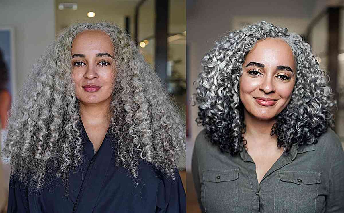 Layered Silver to Black Ombre Curls for women with thick curly hair