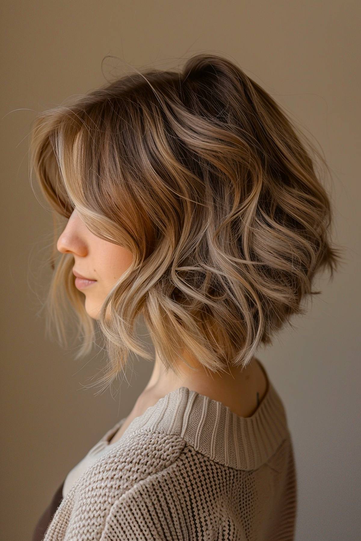 Soft layered stacked bob with waves