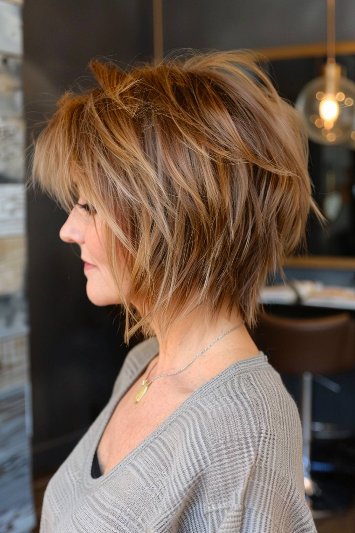 Textured stacked bob haircut with choppy layers