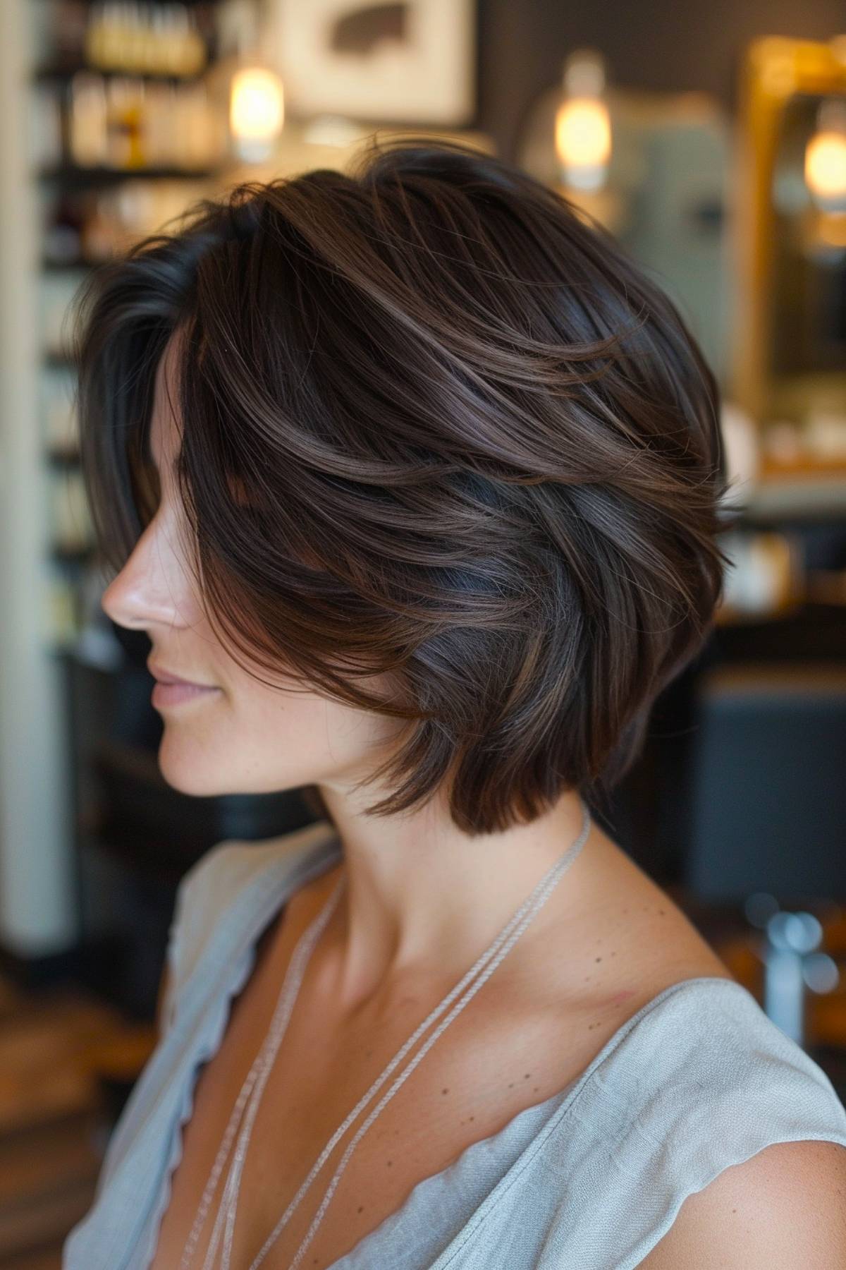 Layered stacked bob with feathery lift