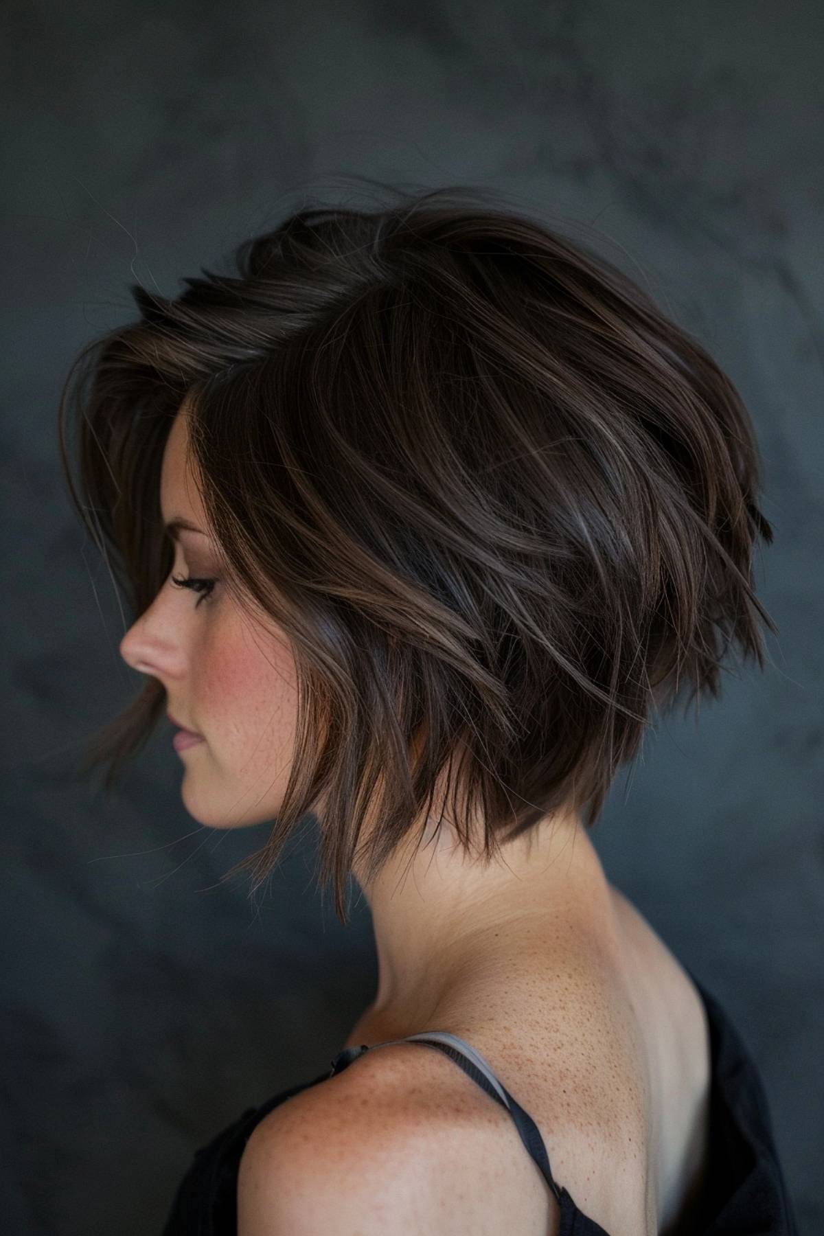 Textured layered stacked bob with razor-cut ends