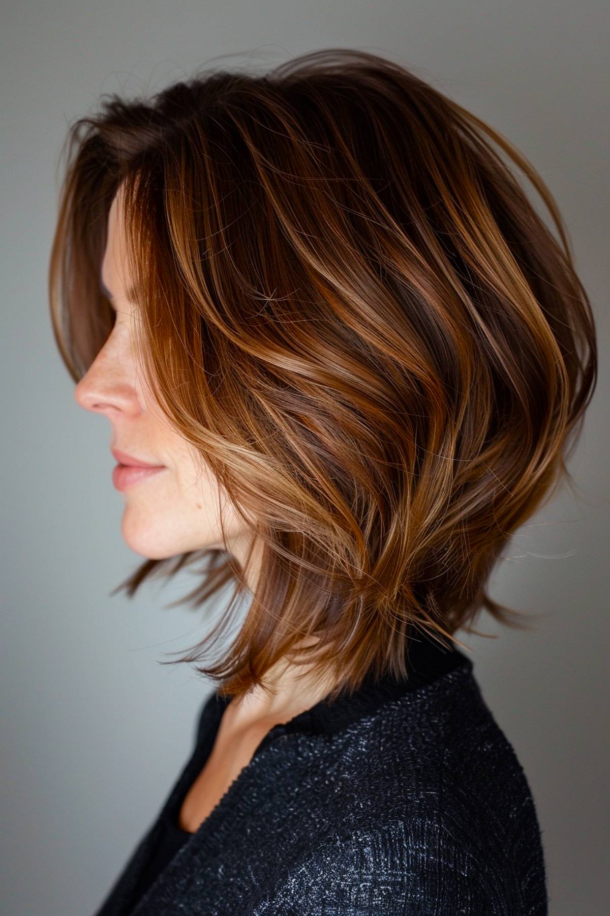 Layered stacked bob with tapered ends