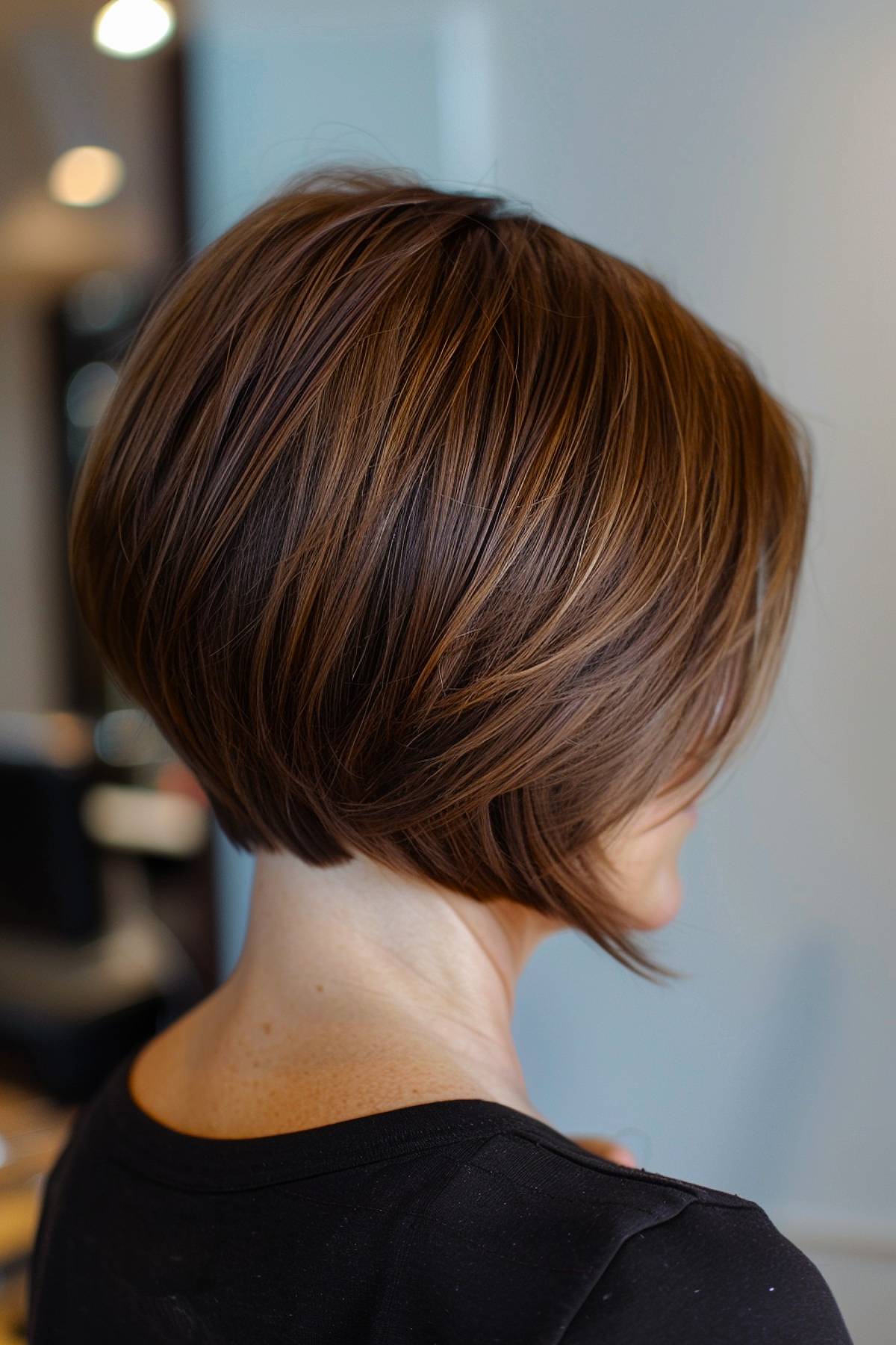 Layered stacked bob haircut with rounded nape