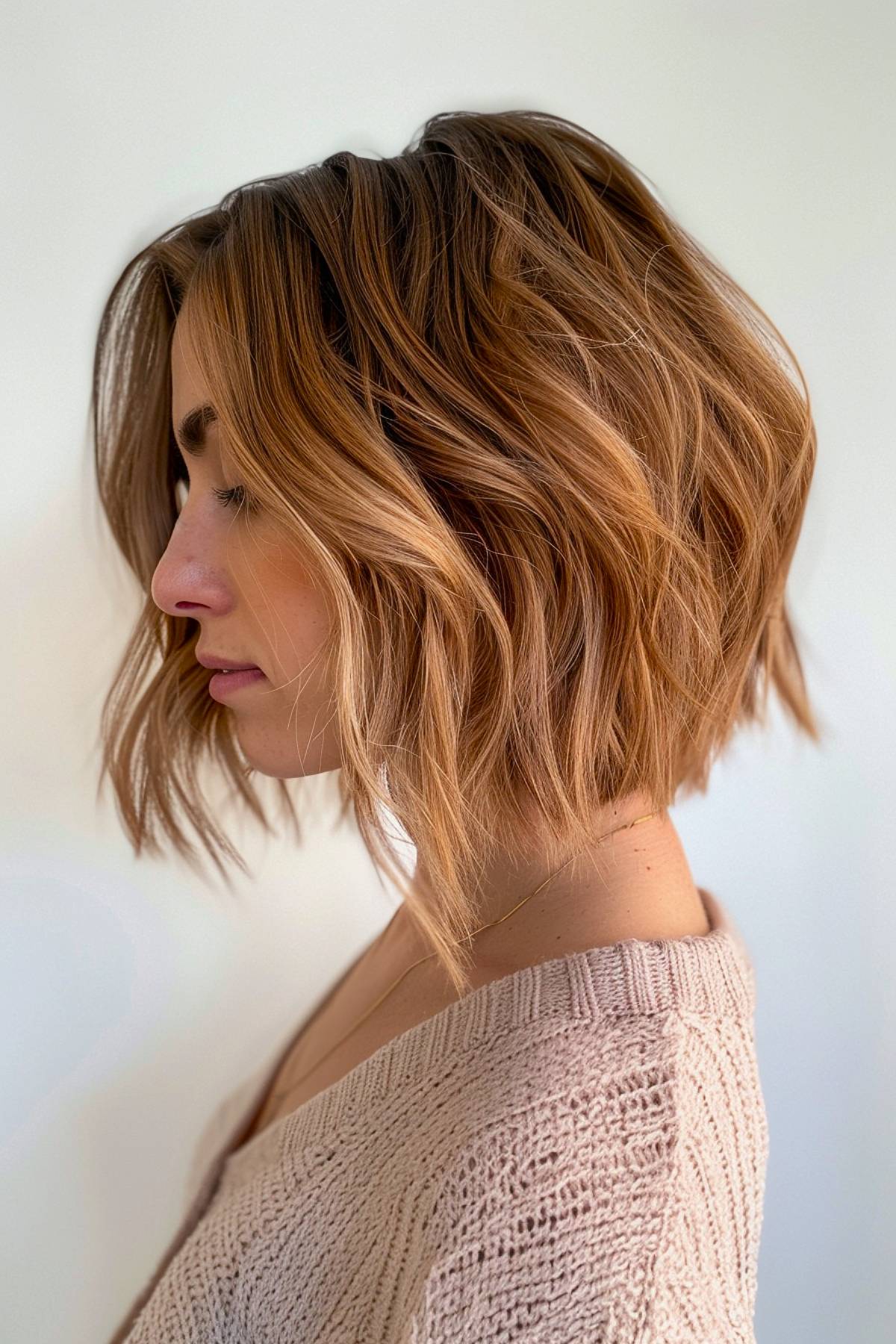 Layered stacked bob with loose waves