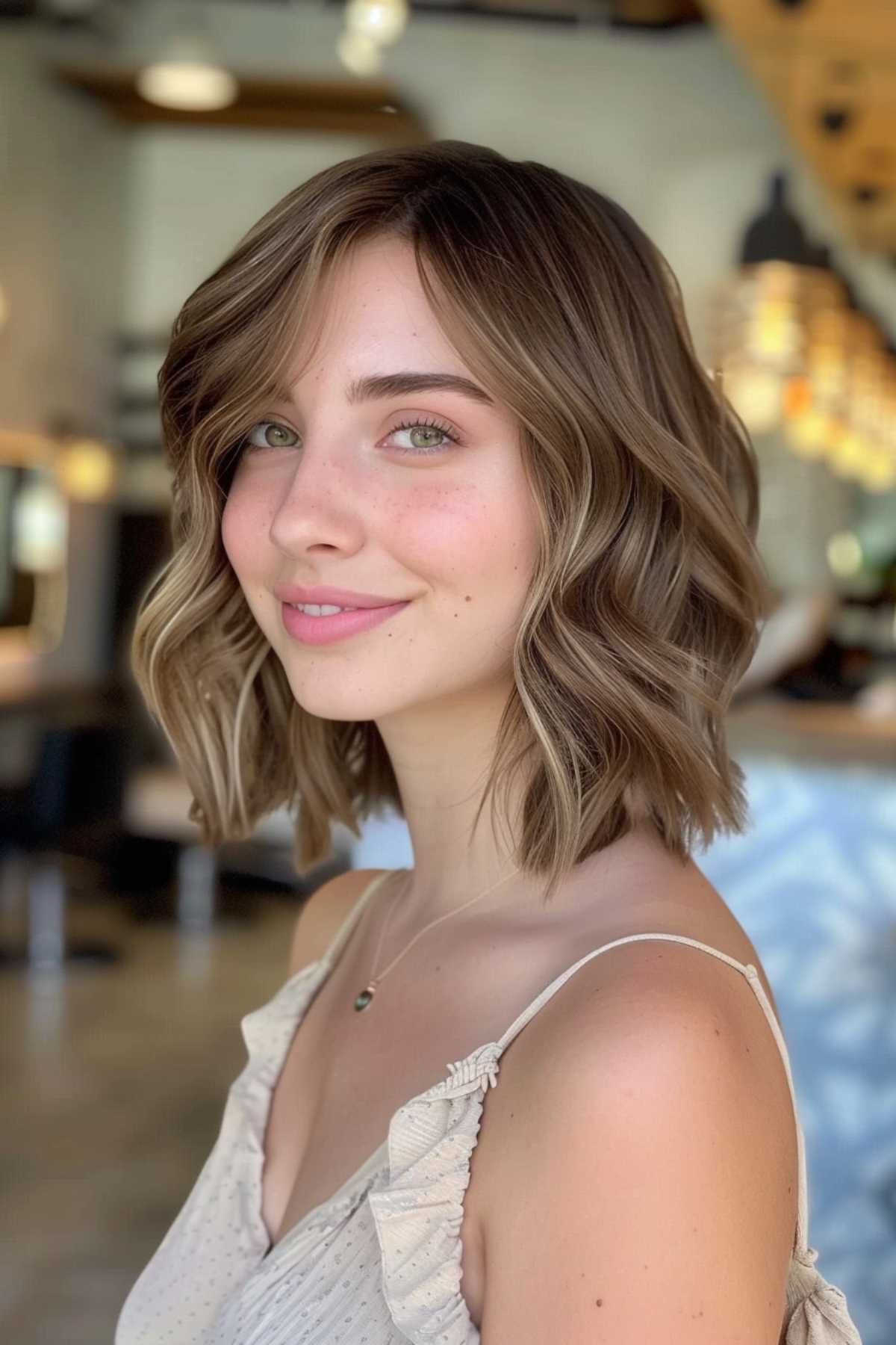 Medium-length textured bob with layered beach waves and side part