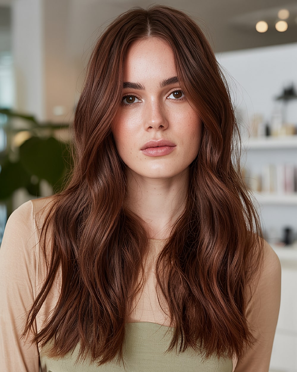 Long layered brunette haircut with middle part and soft waves for medium hair