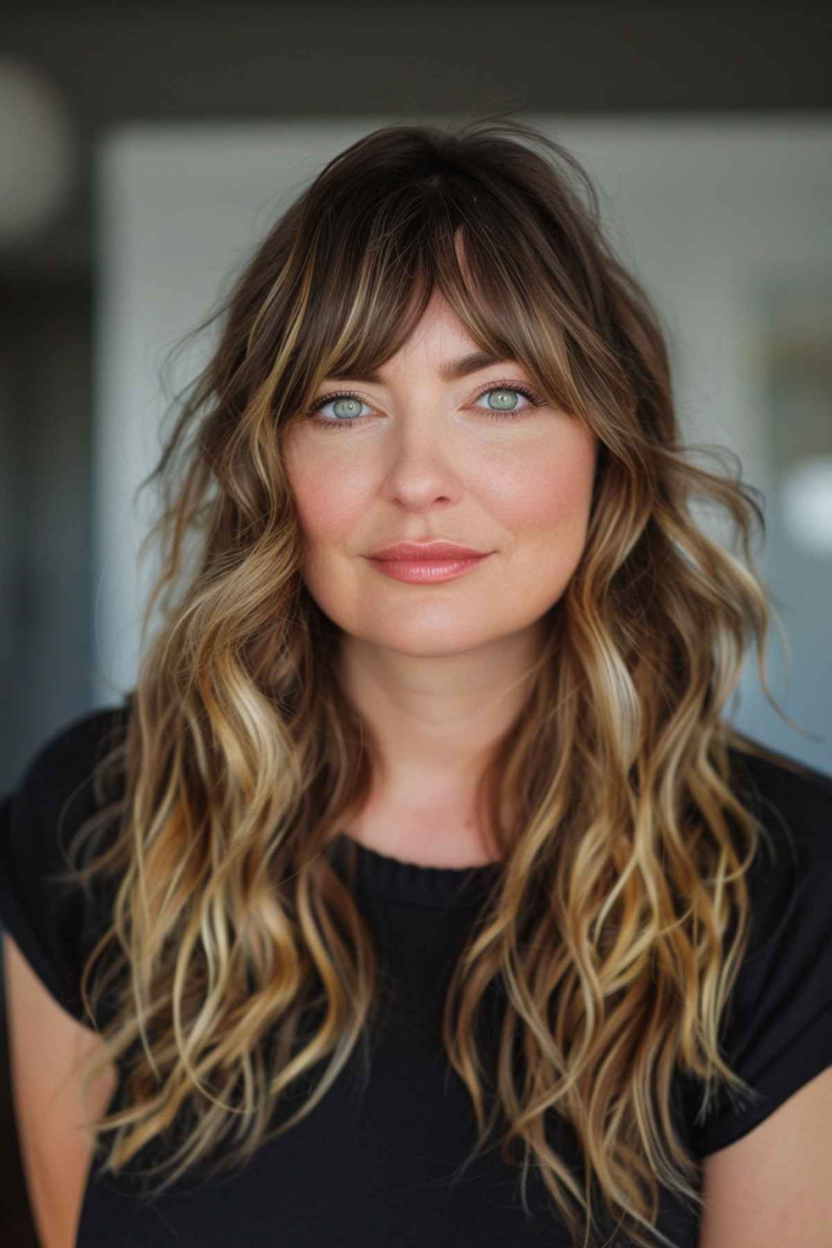 Long, wavy layered hair with curtain bangs on a woman with a round face.