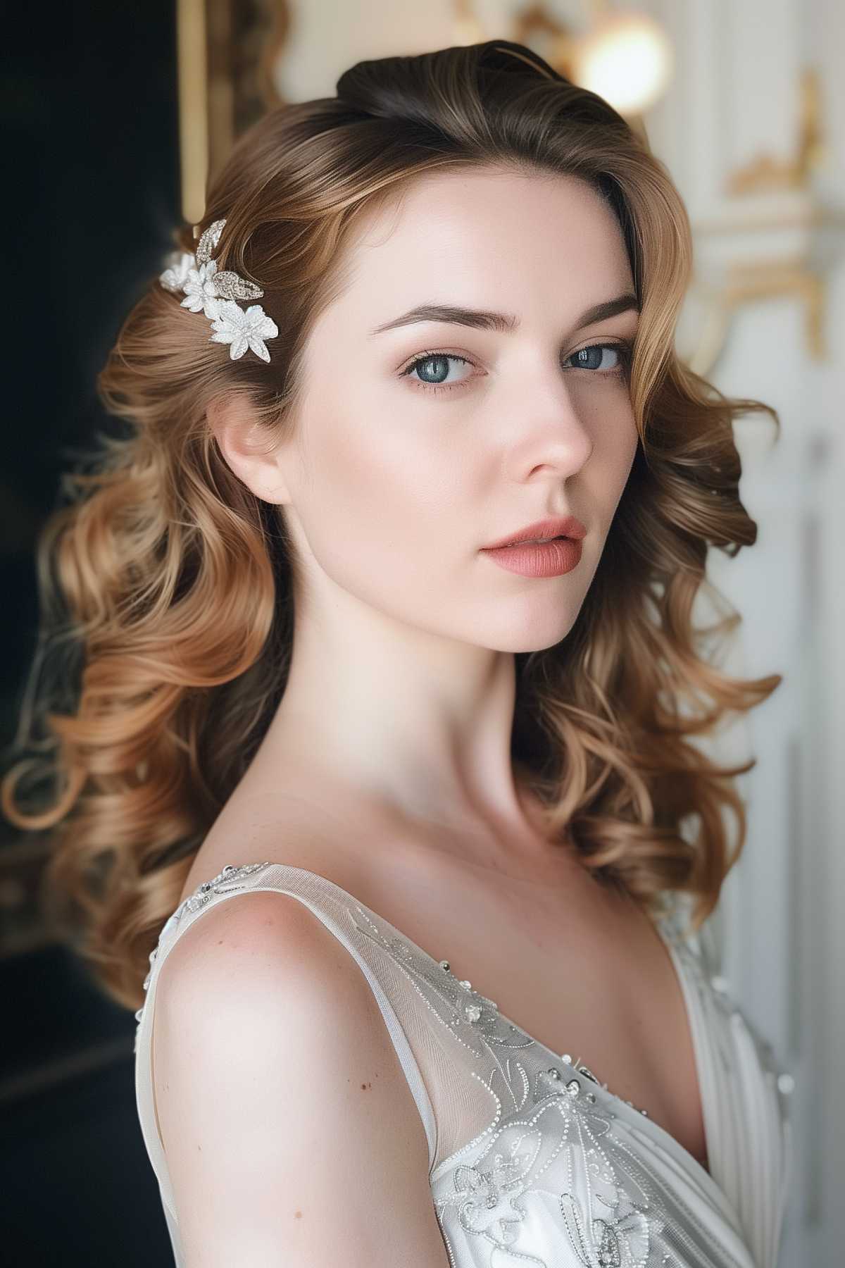 Elegant woman with layered waves and a decorative side pin, creating a romantic and voluminous hairstyle suitable for special events.