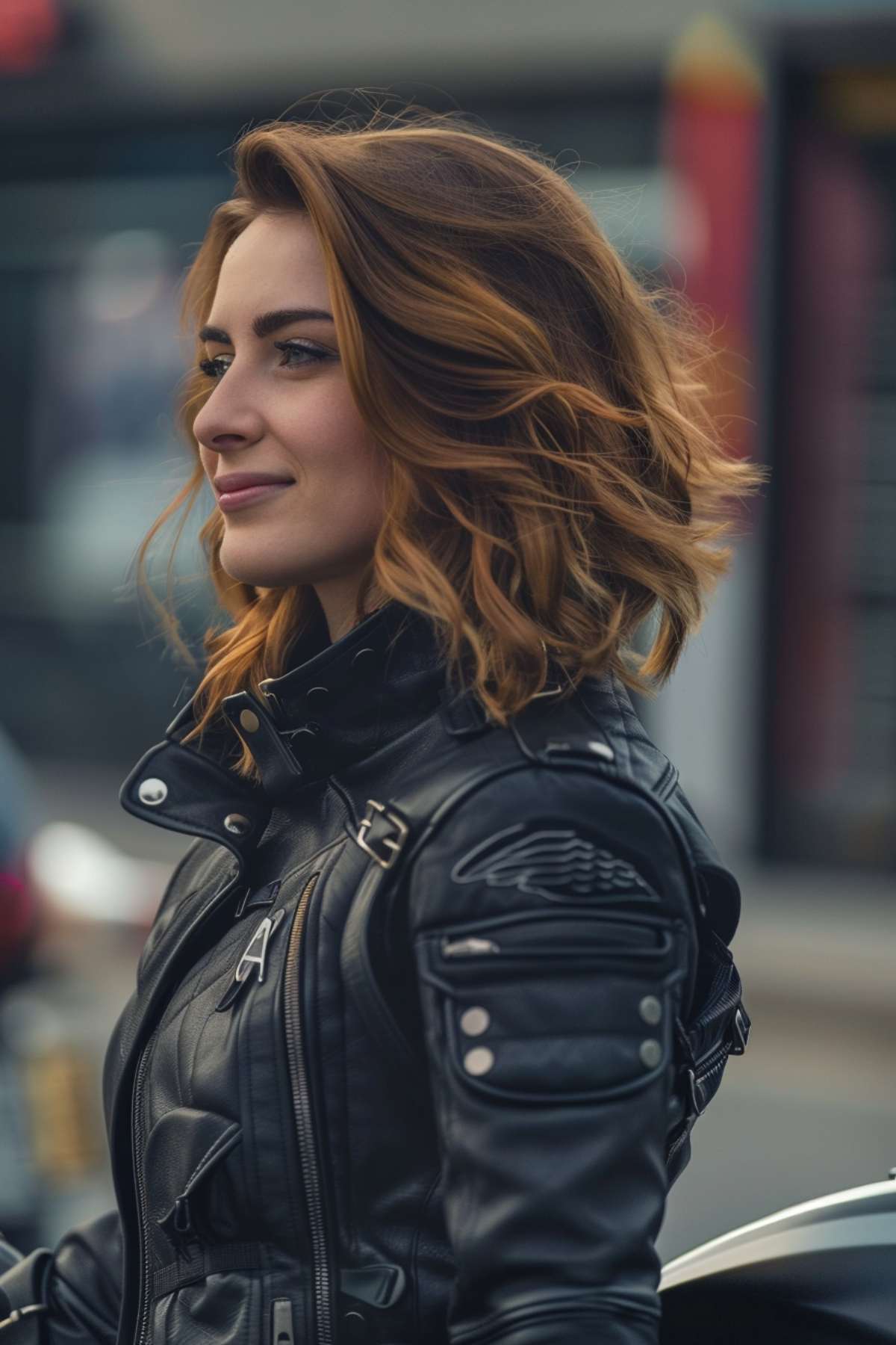 Woman with a layered wavy bob in a biker jacket