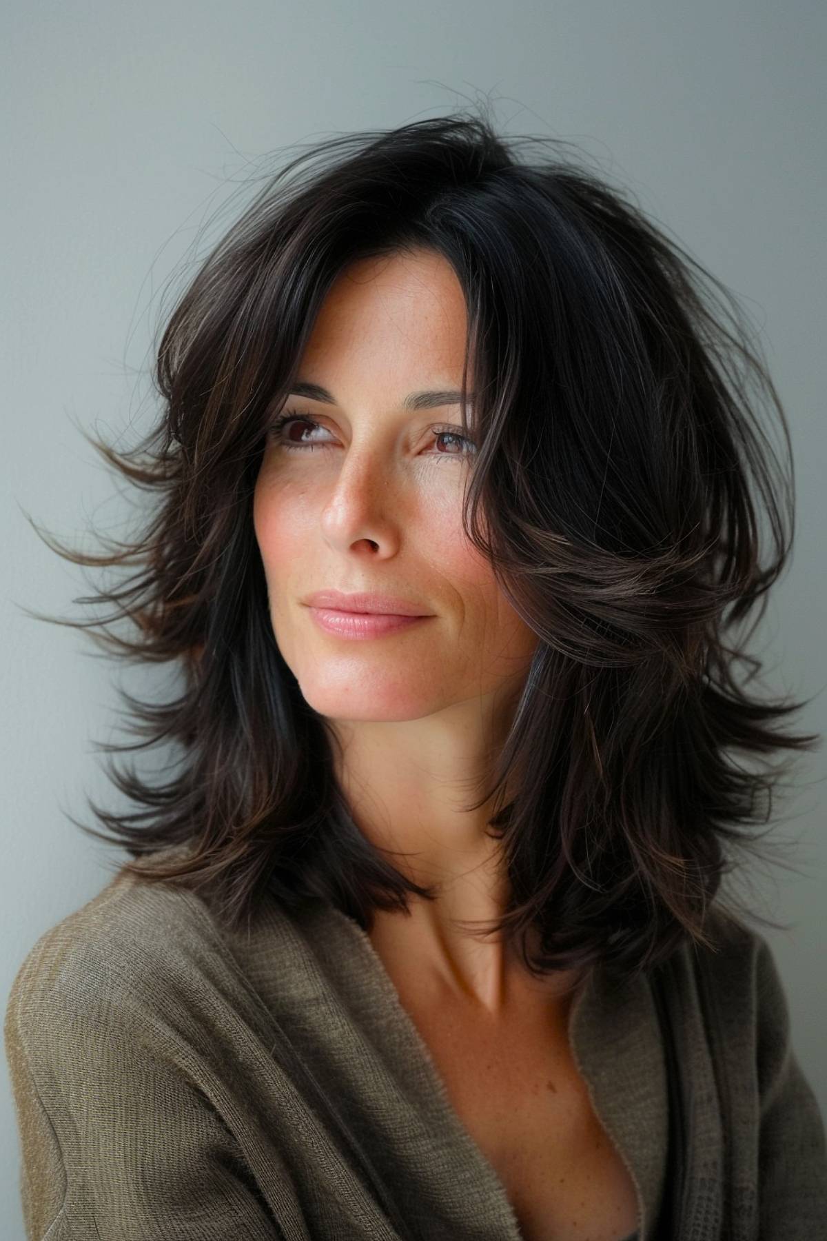 Medium-length layered haircut with flicked layers and cool highlights