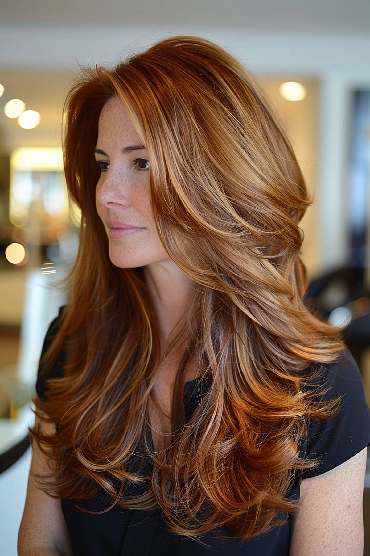 Layerlush haircut with voluminous curls and warm copper tones