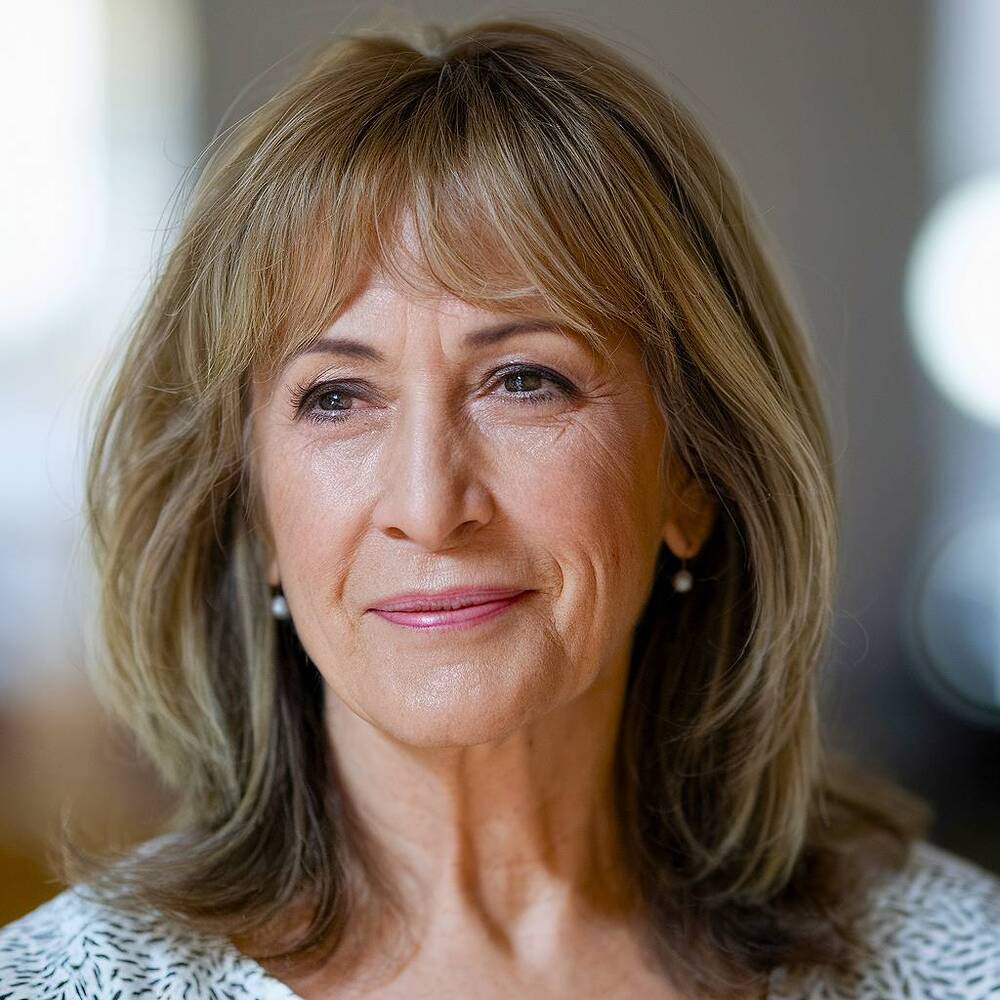 Shoulder-length haircut with soft layers and bangs, perfect for women over 60 seeking a youthful look