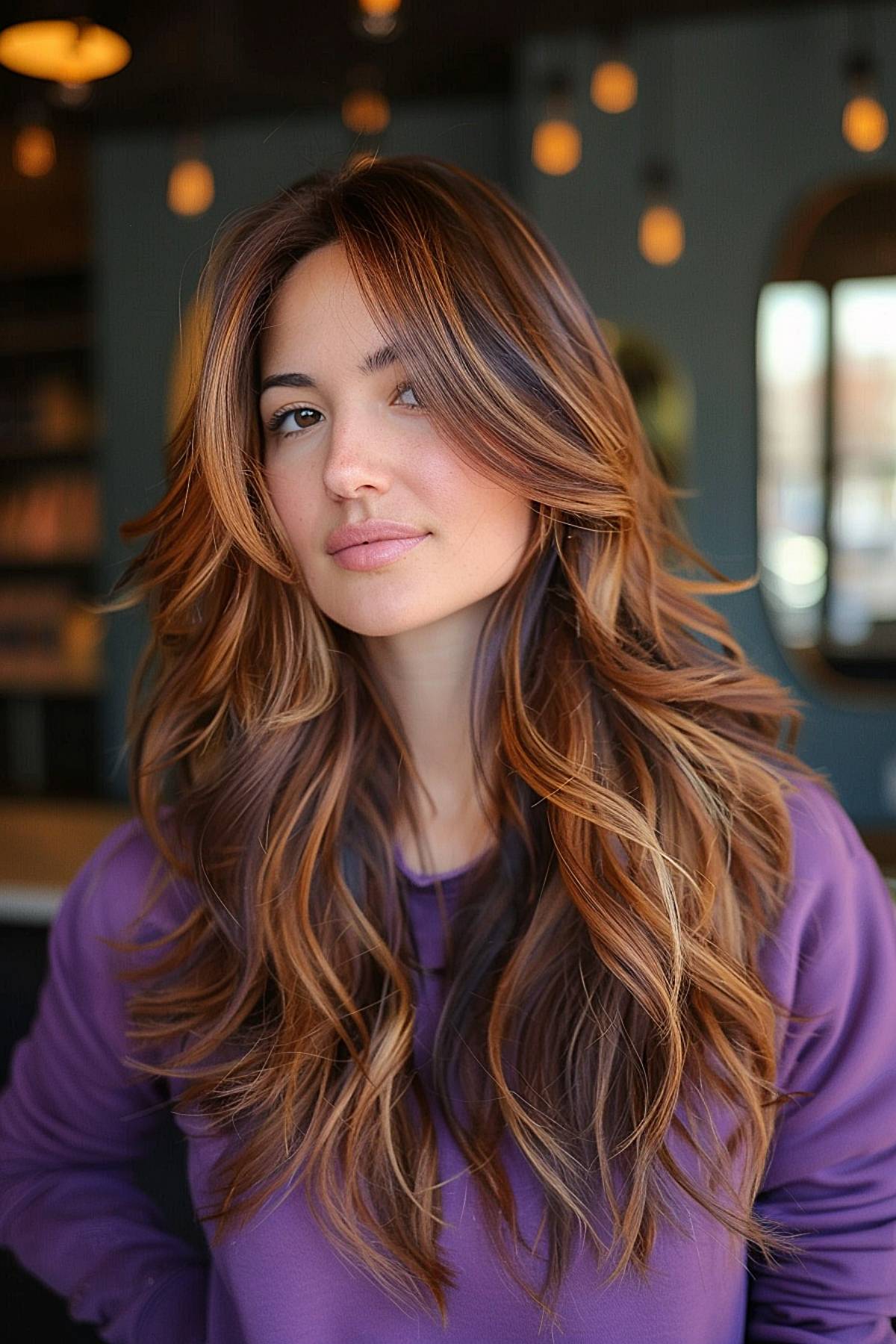 Caramel-toned layered waves for long voluminous hair