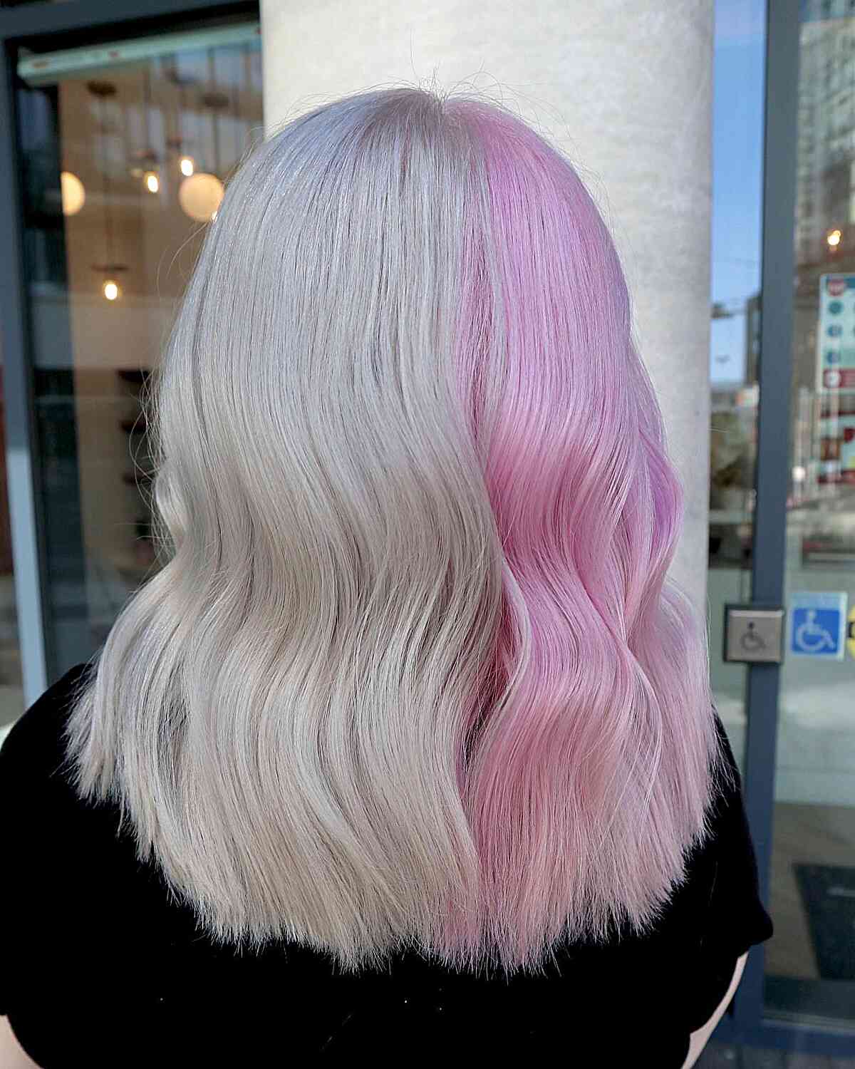 Light Ash Blonde and Soft Pink Split Dye on Mid-Length Hair
