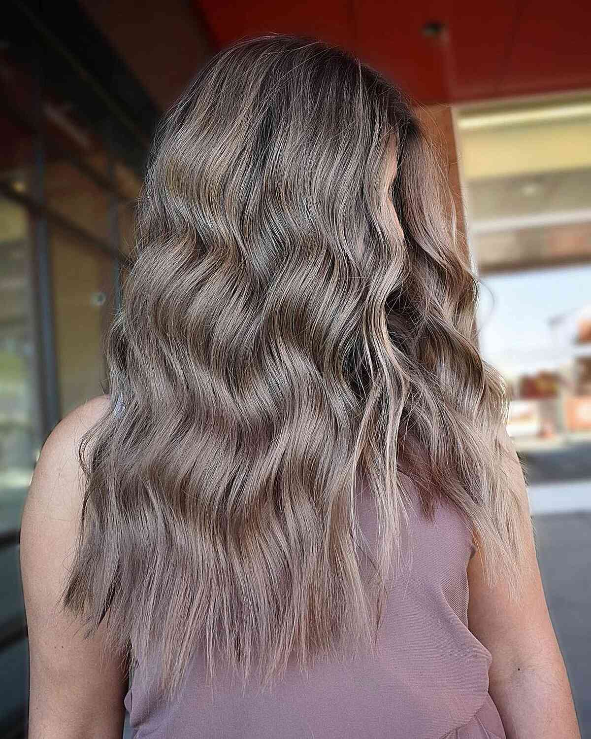 Long Wavy Light Ash Brunette Hair with Dark Roots
