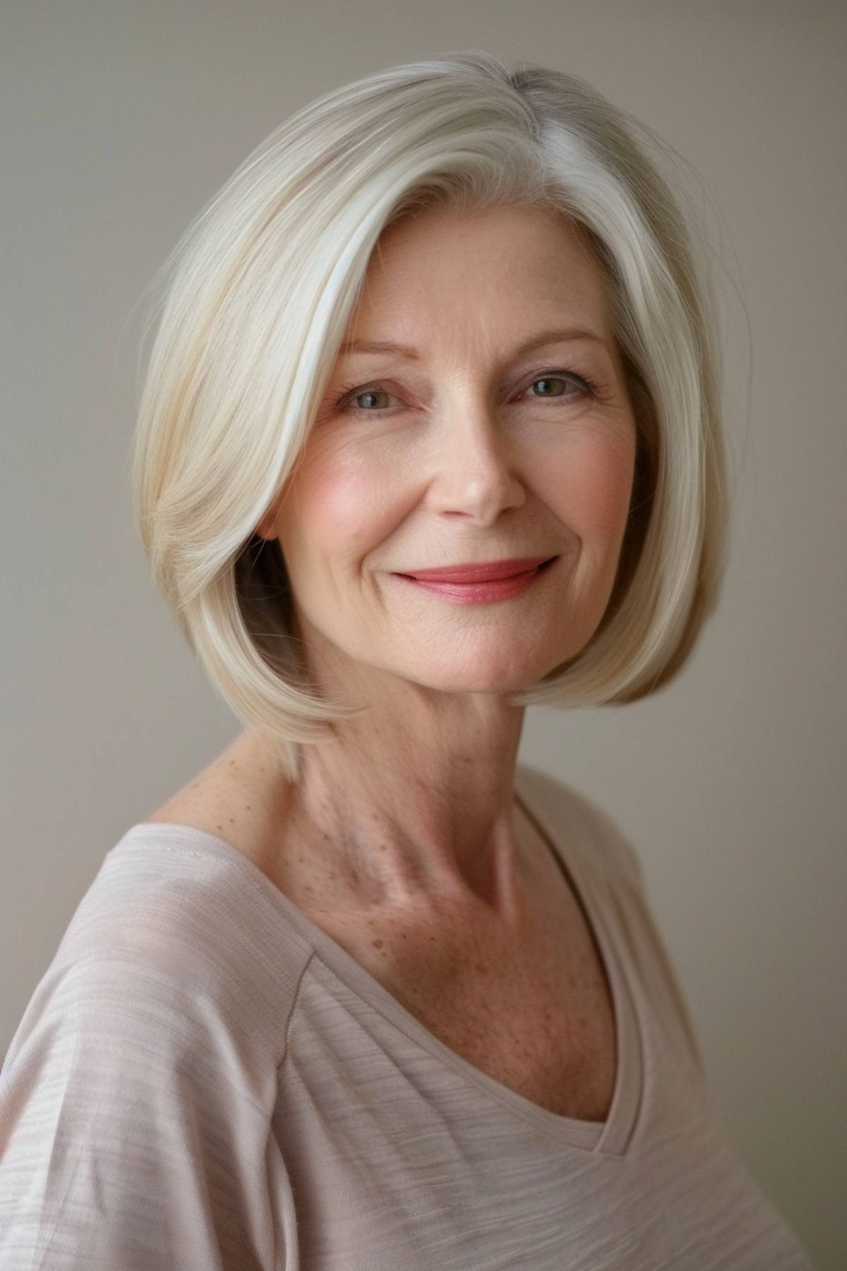 Light blonde chin-length bob, ideal for older women with fine to medium hair